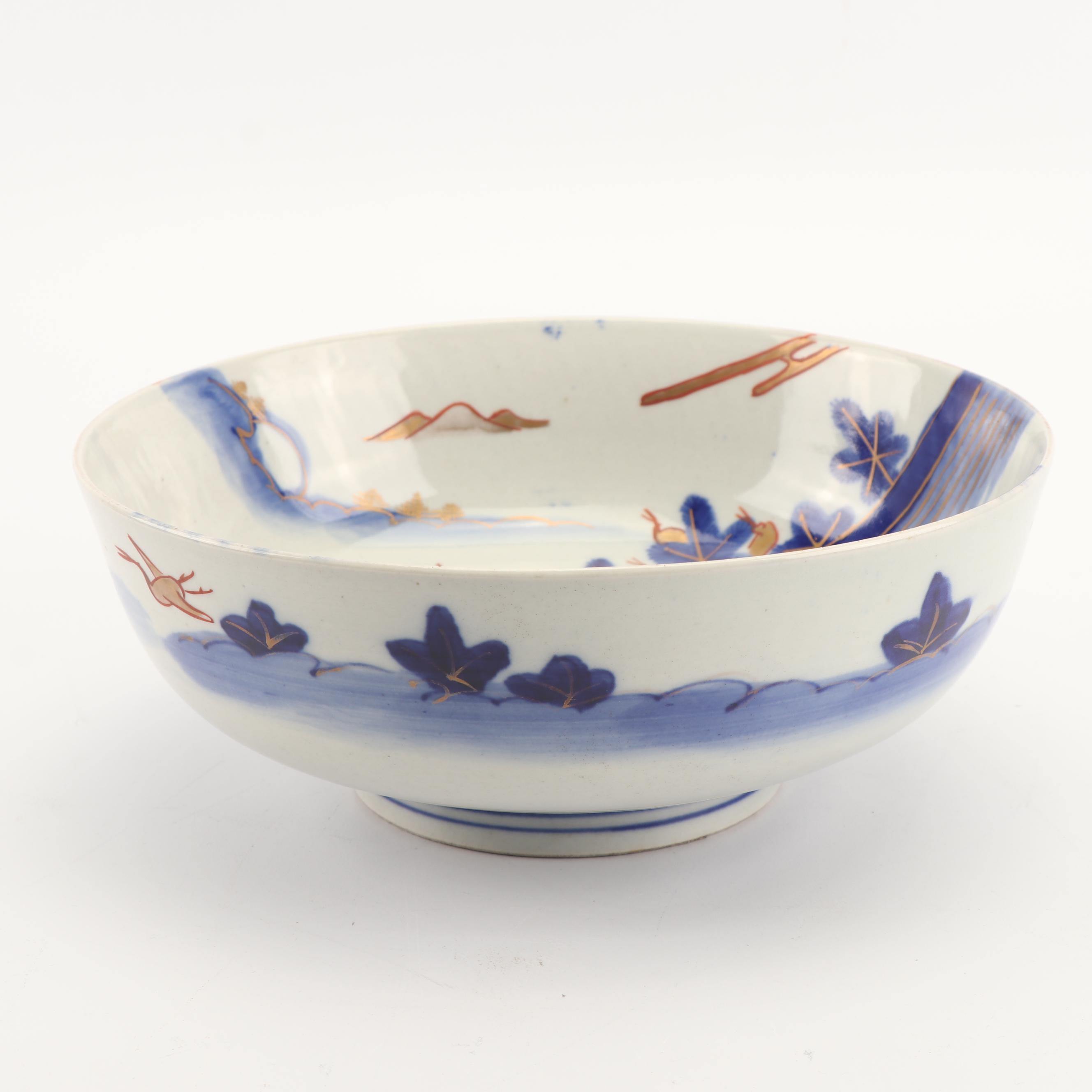 Japanese Hand-Pained Porcelain Bowl with Crane Motif