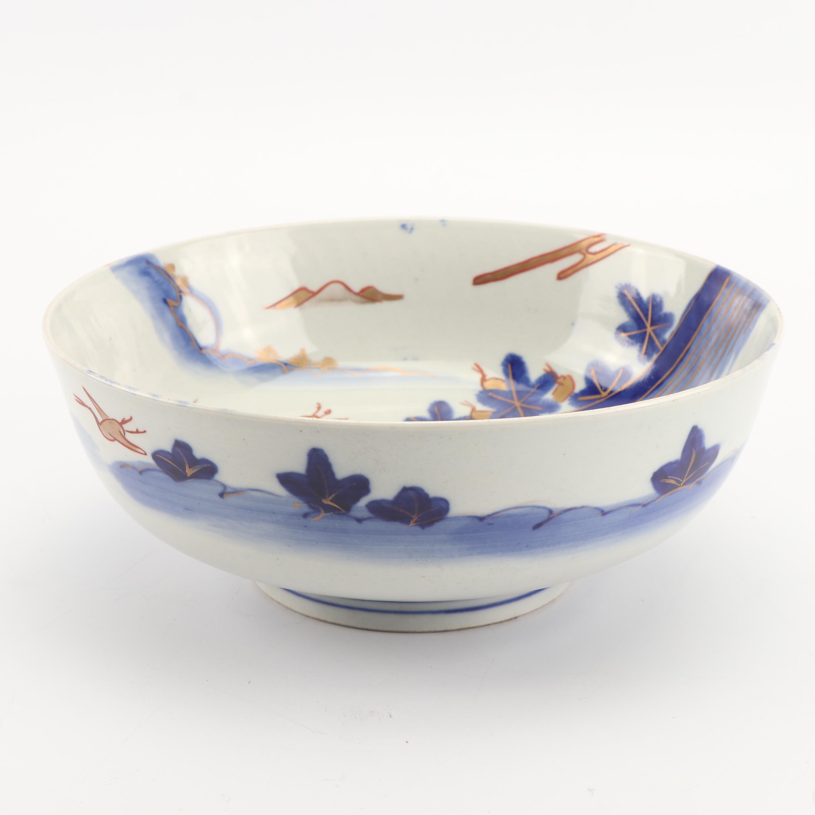 Japanese Hand-Pained Porcelain Bowl with Crane Motif