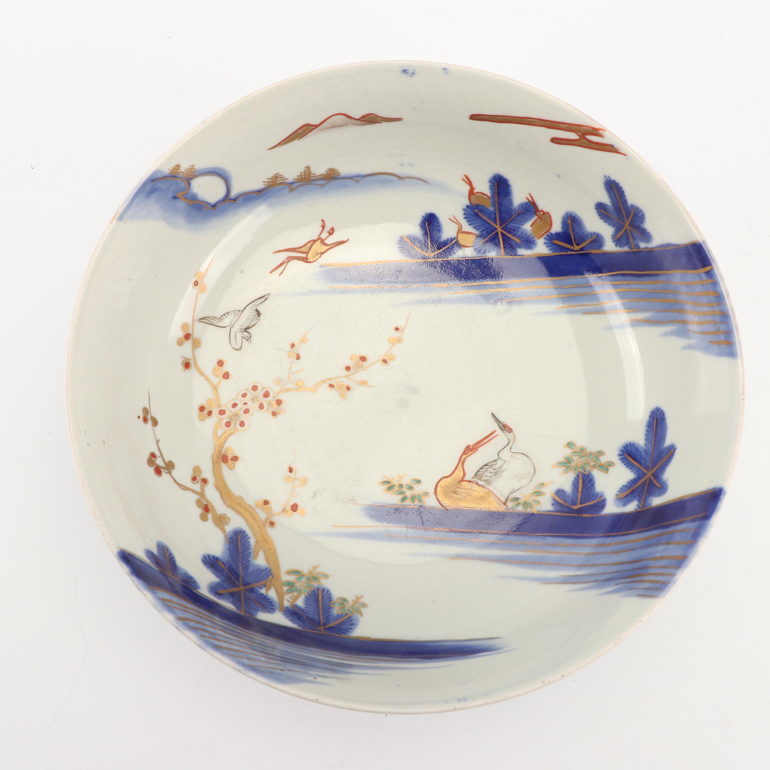 Japanese Hand-Pained Porcelain Bowl with Crane Motif