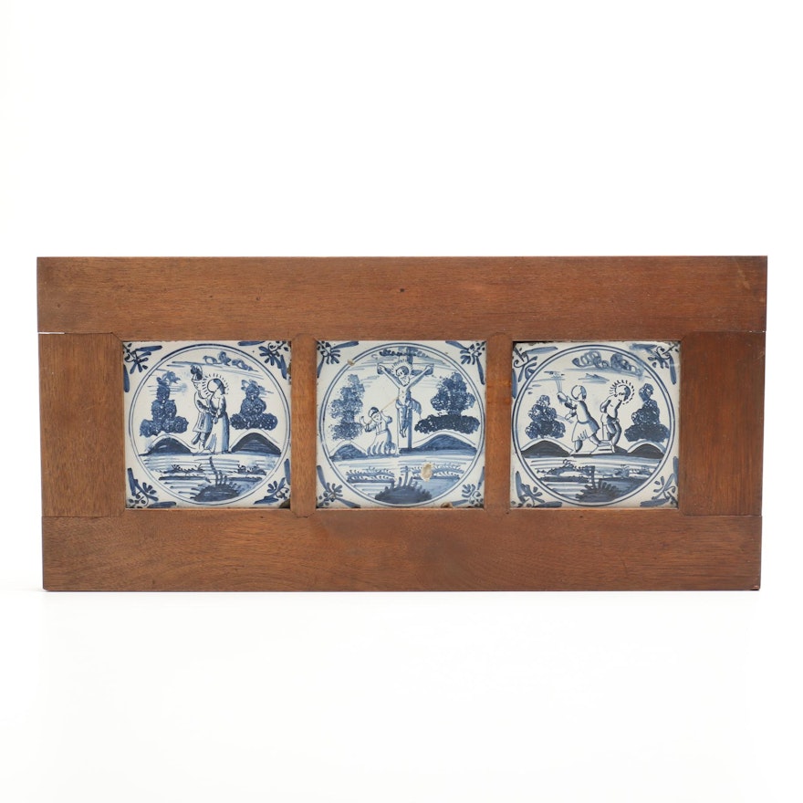 Antique Delft Tiles in Walnut Frame