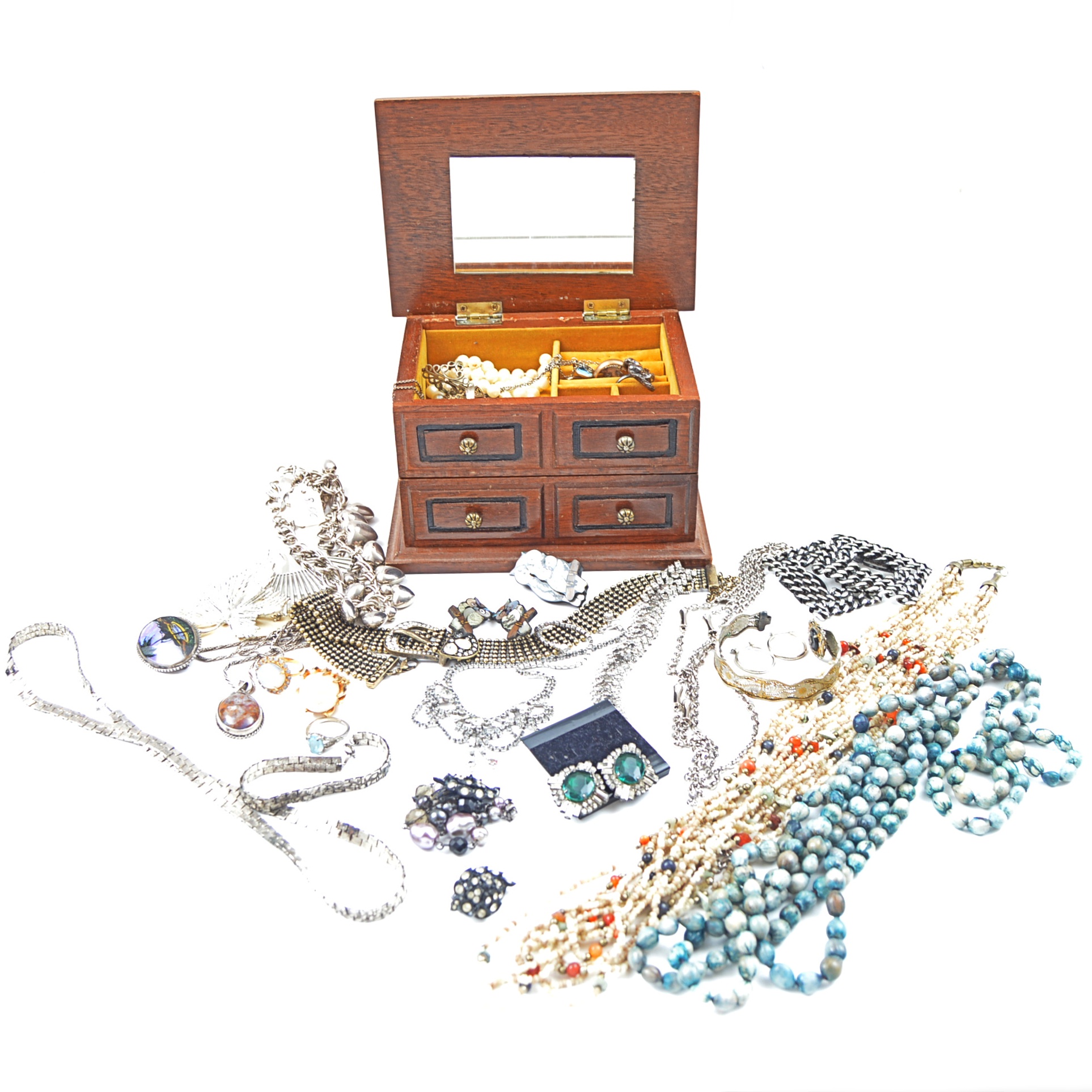 Vintage Jewelry Chest With Jewelry Collection Including Sterling Silver