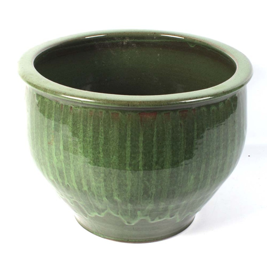 Signed Marcia Owen Stoneware Green Glazed Jardiniere