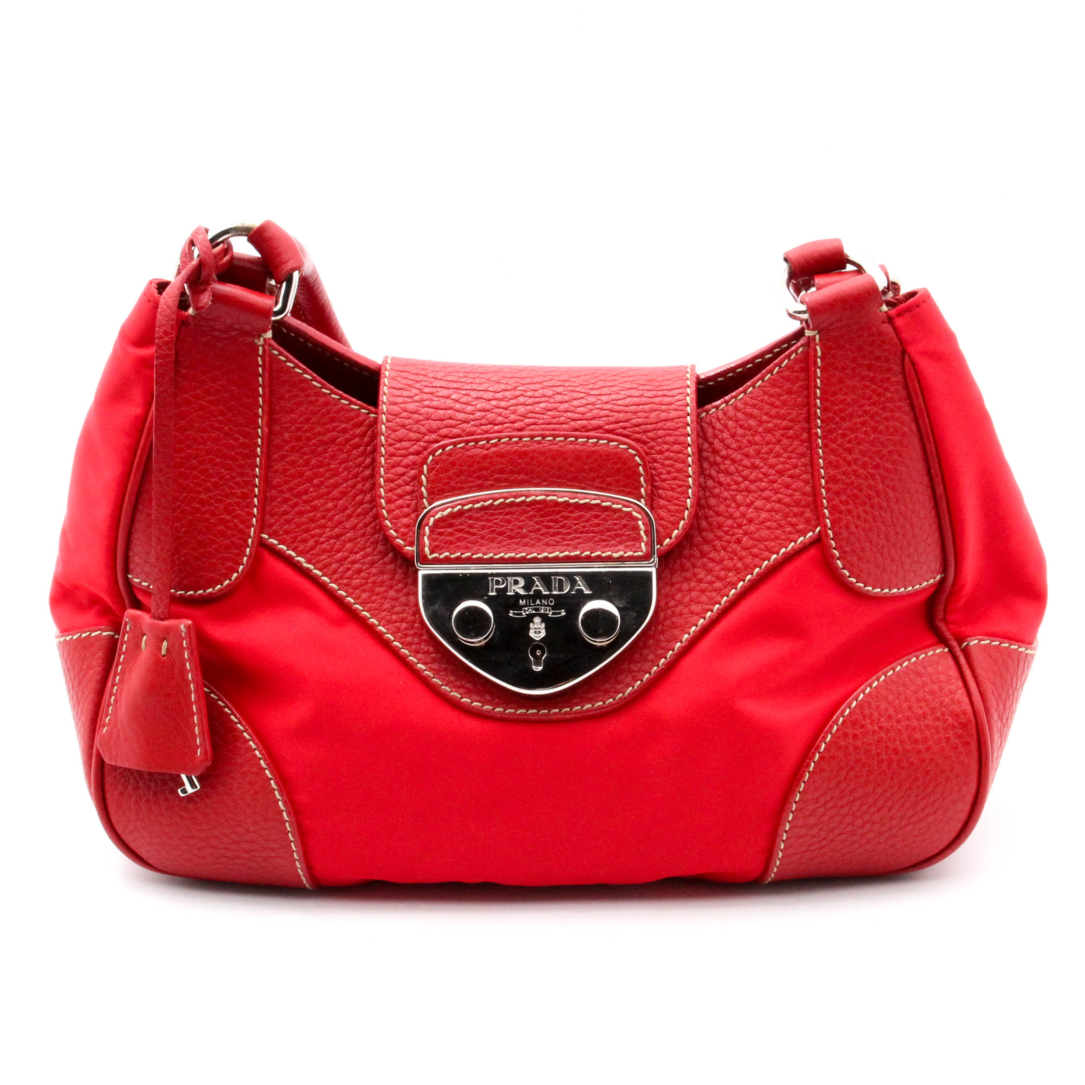 Prada Red Pebbled Leather and Nylon Shoulder Baguette