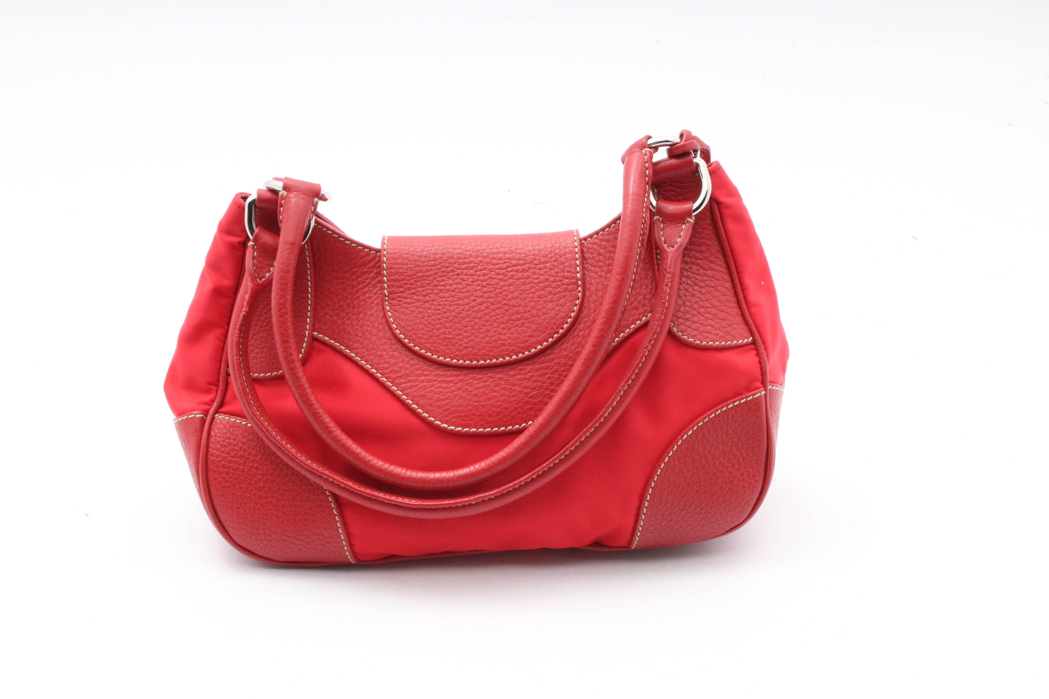 Prada Red Pebbled Leather and Nylon Shoulder Baguette