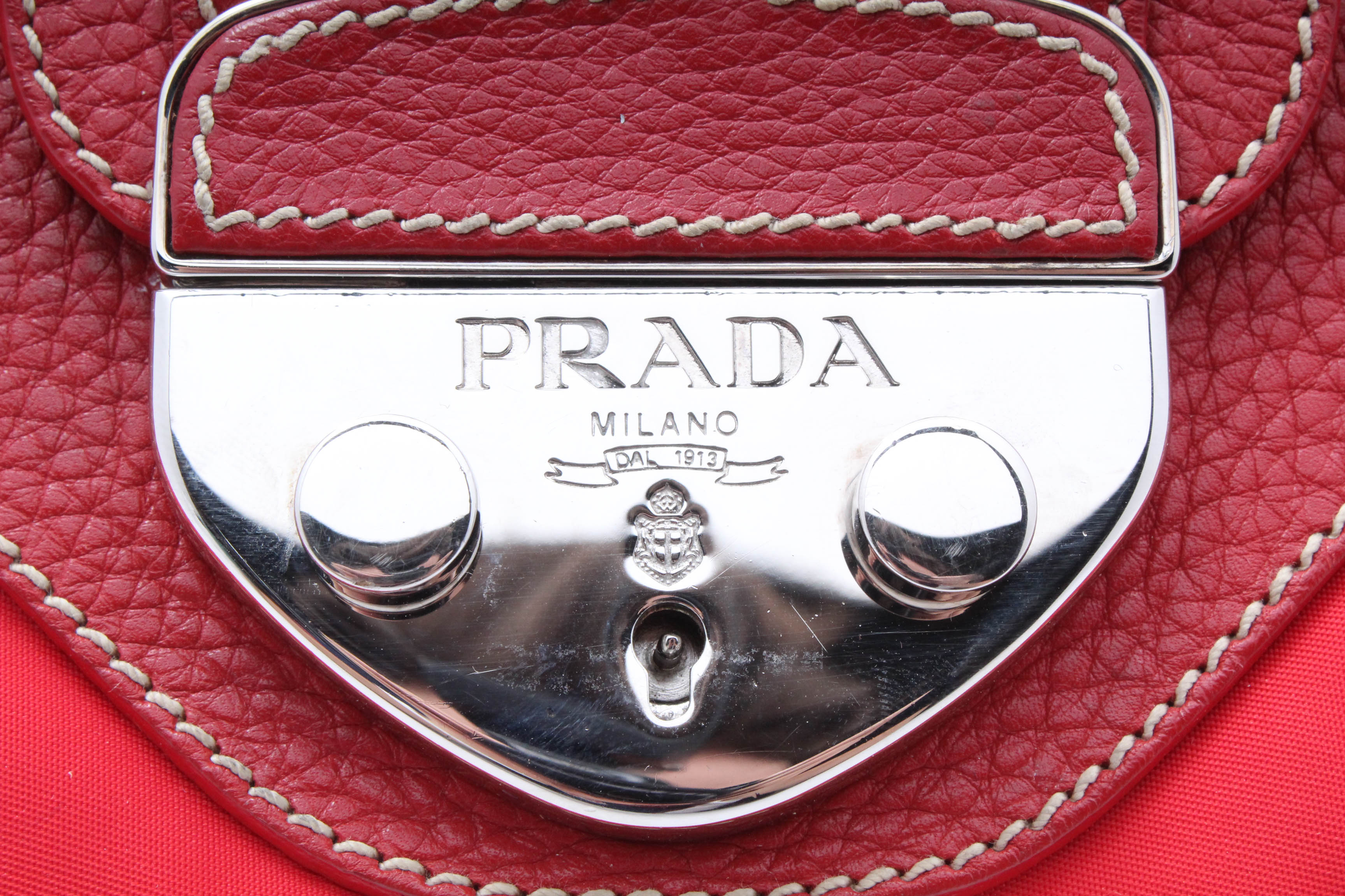 Prada Red Pebbled Leather and Nylon Shoulder Baguette