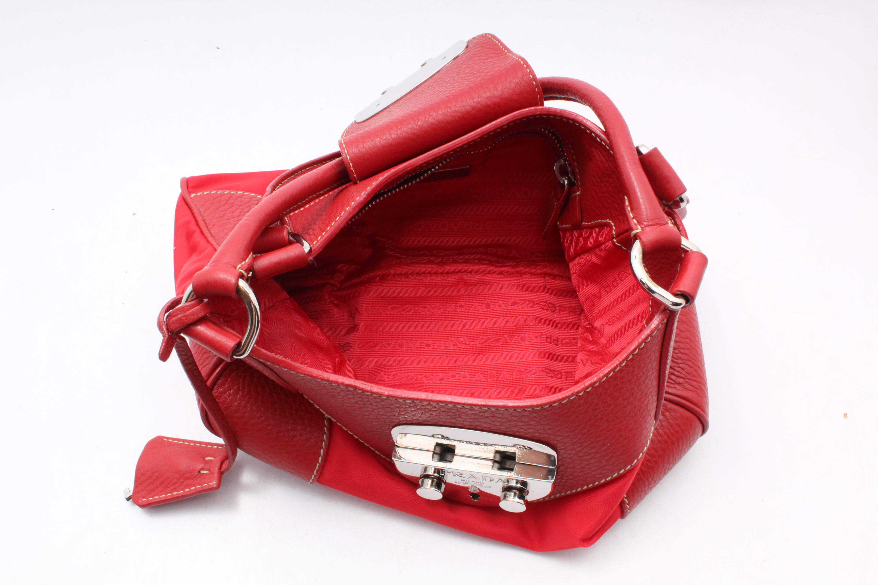 Prada Red Pebbled Leather and Nylon Shoulder Baguette