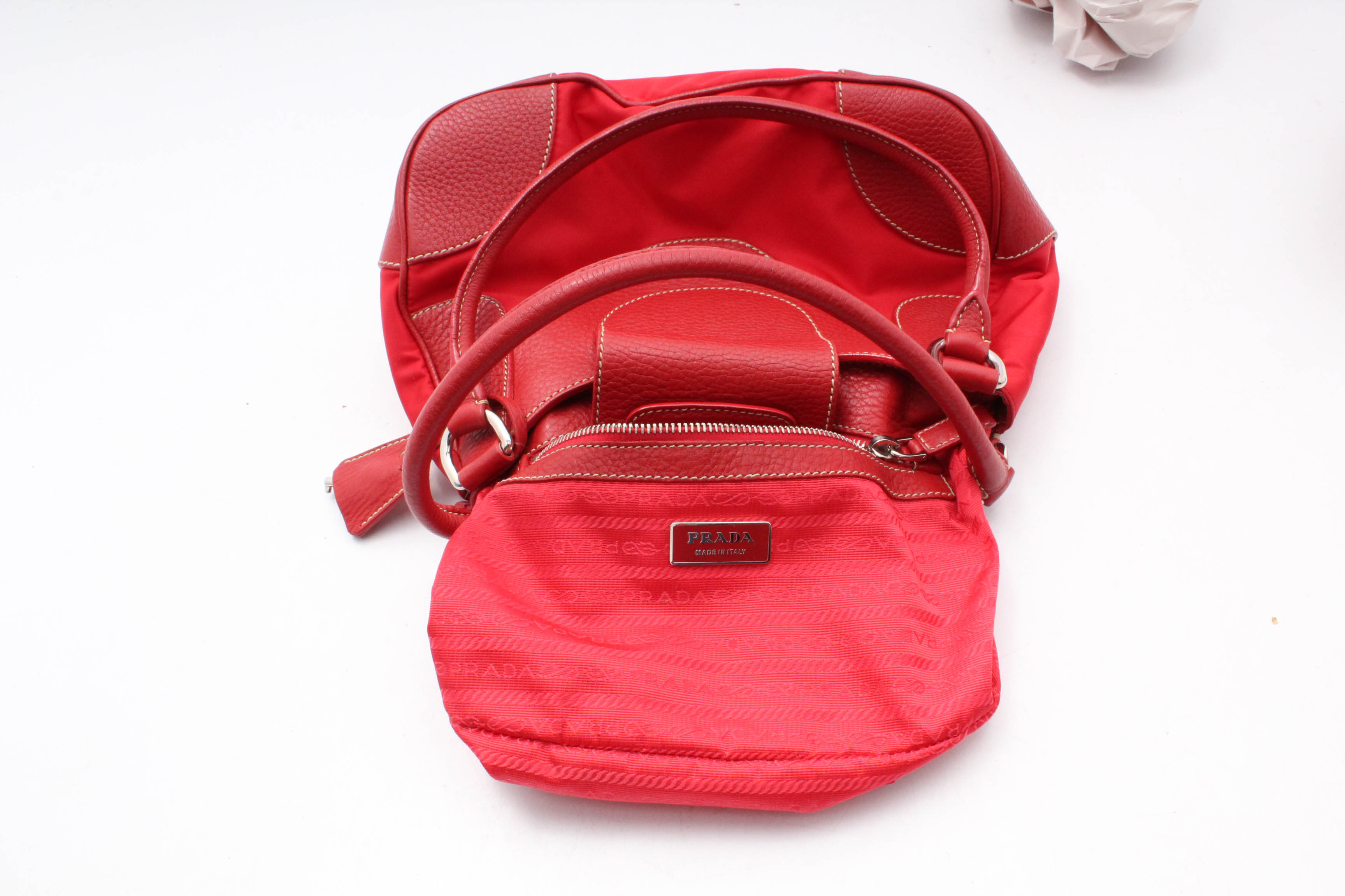 Prada Red Pebbled Leather and Nylon Shoulder Baguette