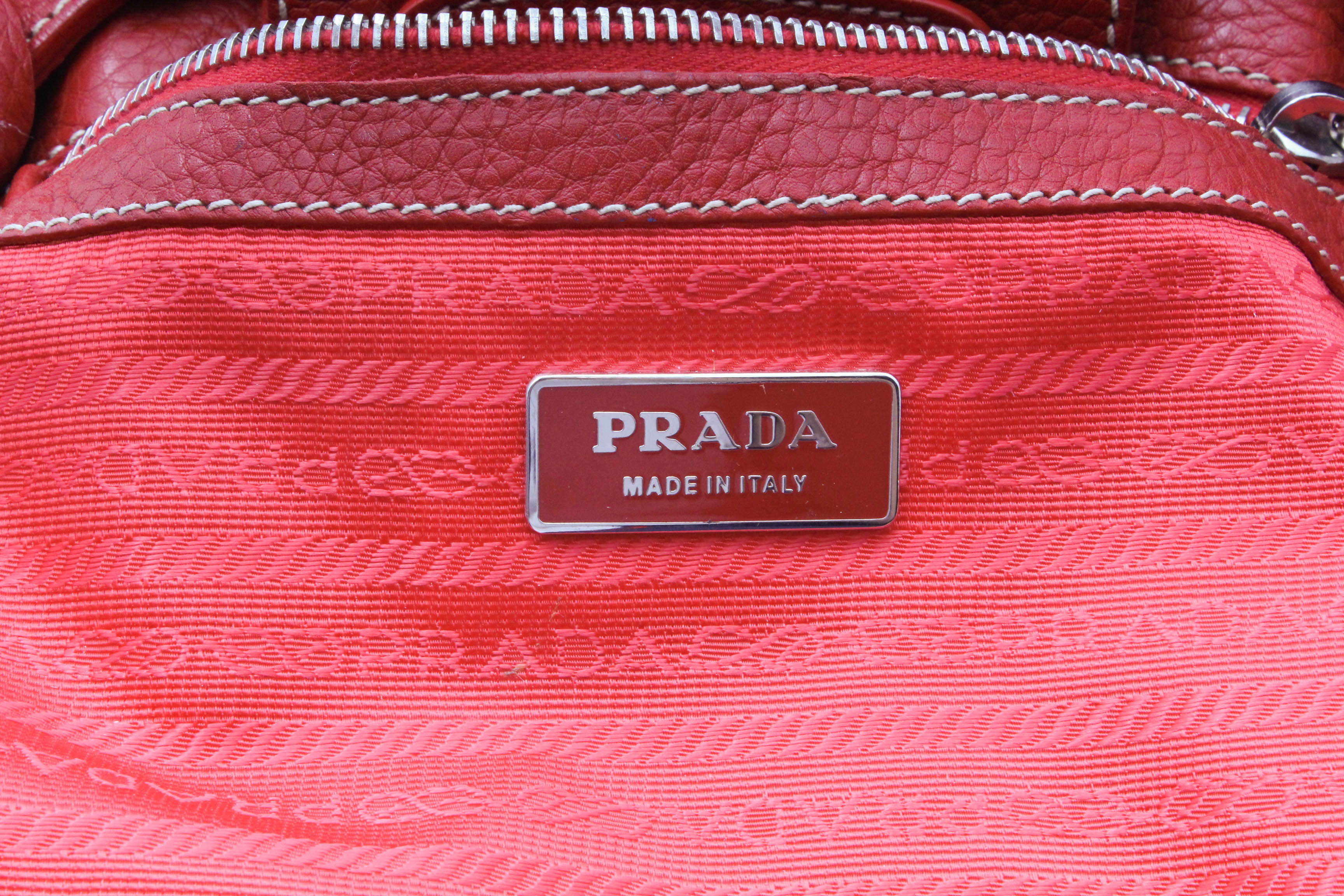 Prada Red Pebbled Leather and Nylon Shoulder Baguette