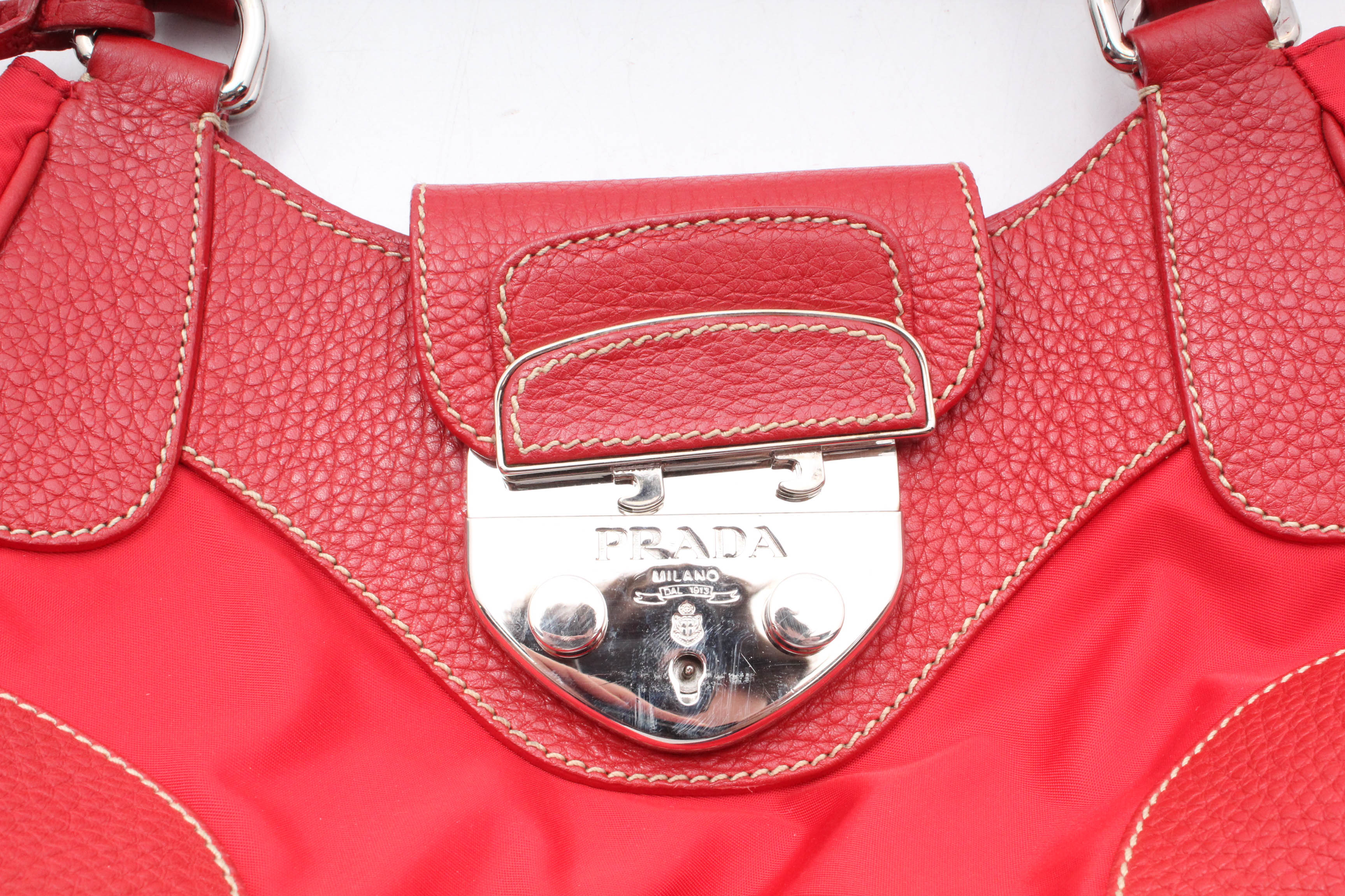 Prada Red Pebbled Leather and Nylon Shoulder Baguette