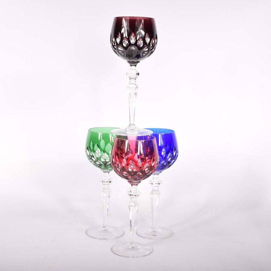 Bohemian Style Colored Cased Cut to Clear Crystal Hock Wine Glasses