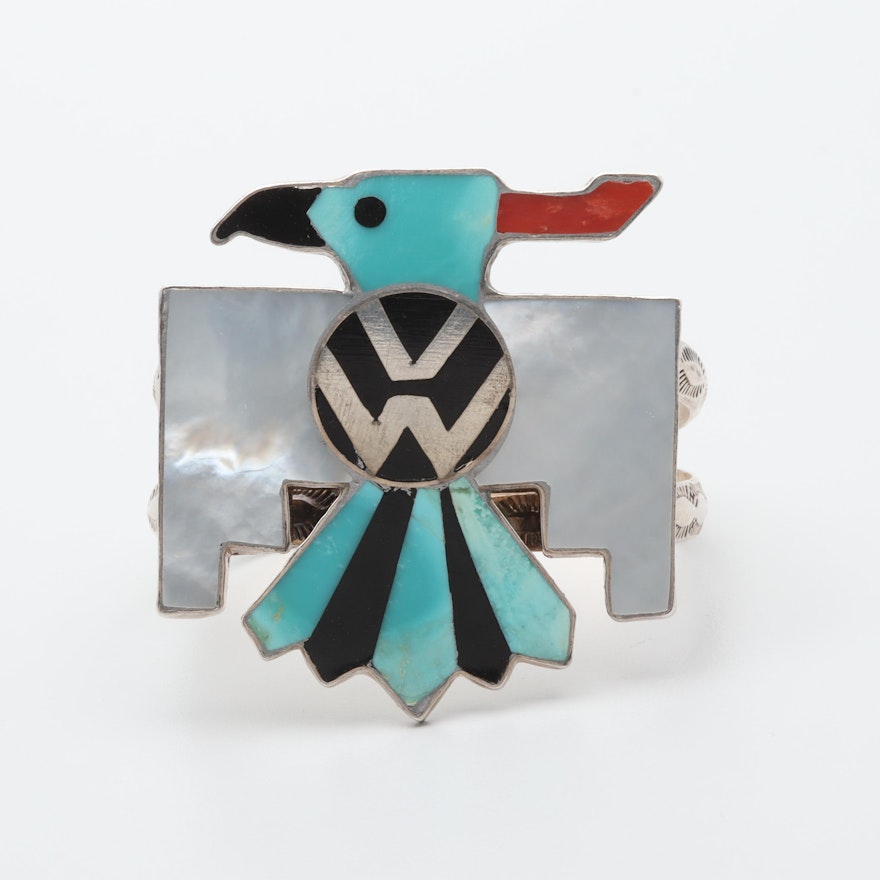 Southwestern Style Sterling Silver Mother of Pearl, Coral and Turquoise Ring