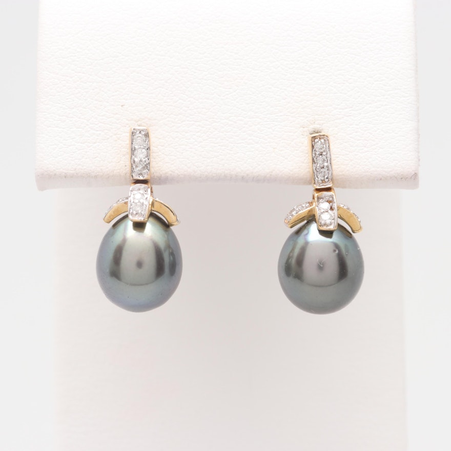 14K Yellow Gold Cultured Pearl and Diamond Earrings