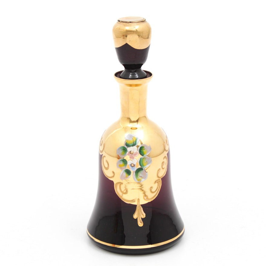 Bohemian Style Amethyst Glass Decanter with Enamel and Gold Decoration