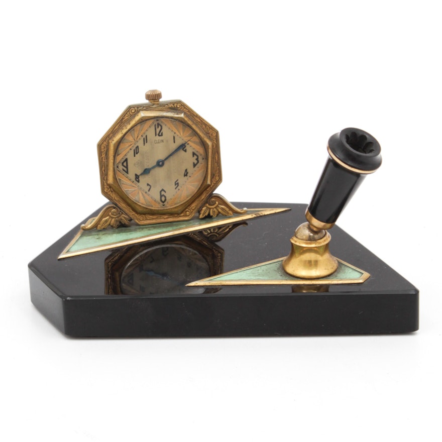 Vintage Elgin Art Deco Desk Clock with Pen Holder
