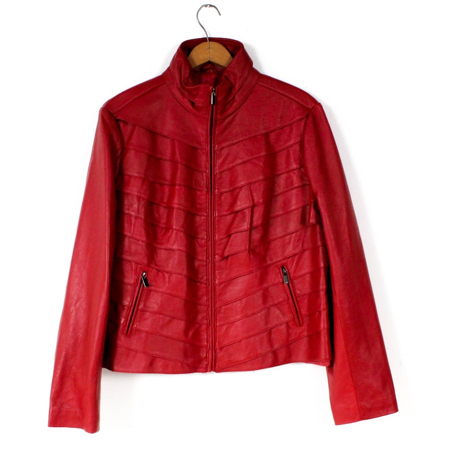 Neiman Marcus Exclusive Red Leather Jacket with Slanted Cut