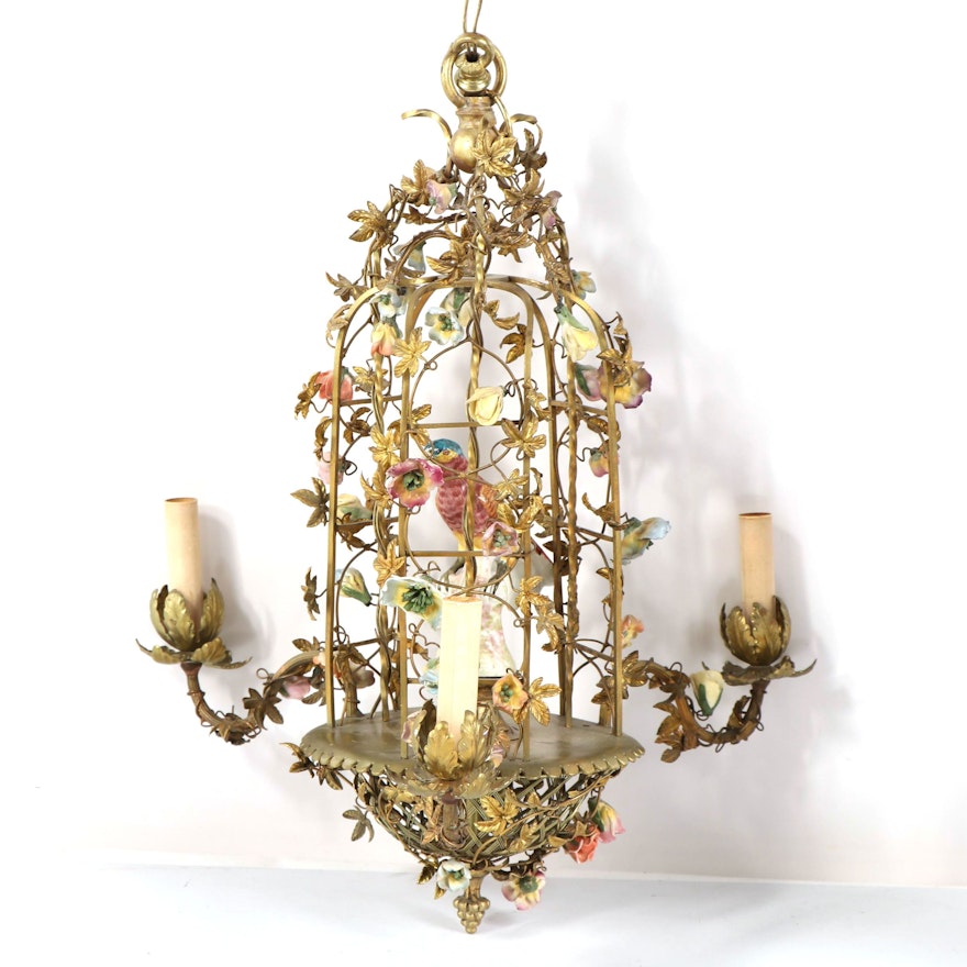 Antique French Ormolu Birdcage Chandelier with Porcelain Bird and Flowers