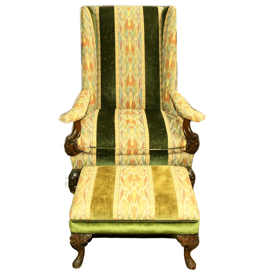 Queen Anne Style Wingback Chair and Ottoman