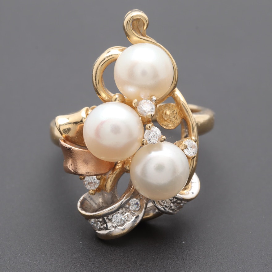 14K Tri Color Gold Cultured Pearl and Cubic Zirconia Ring