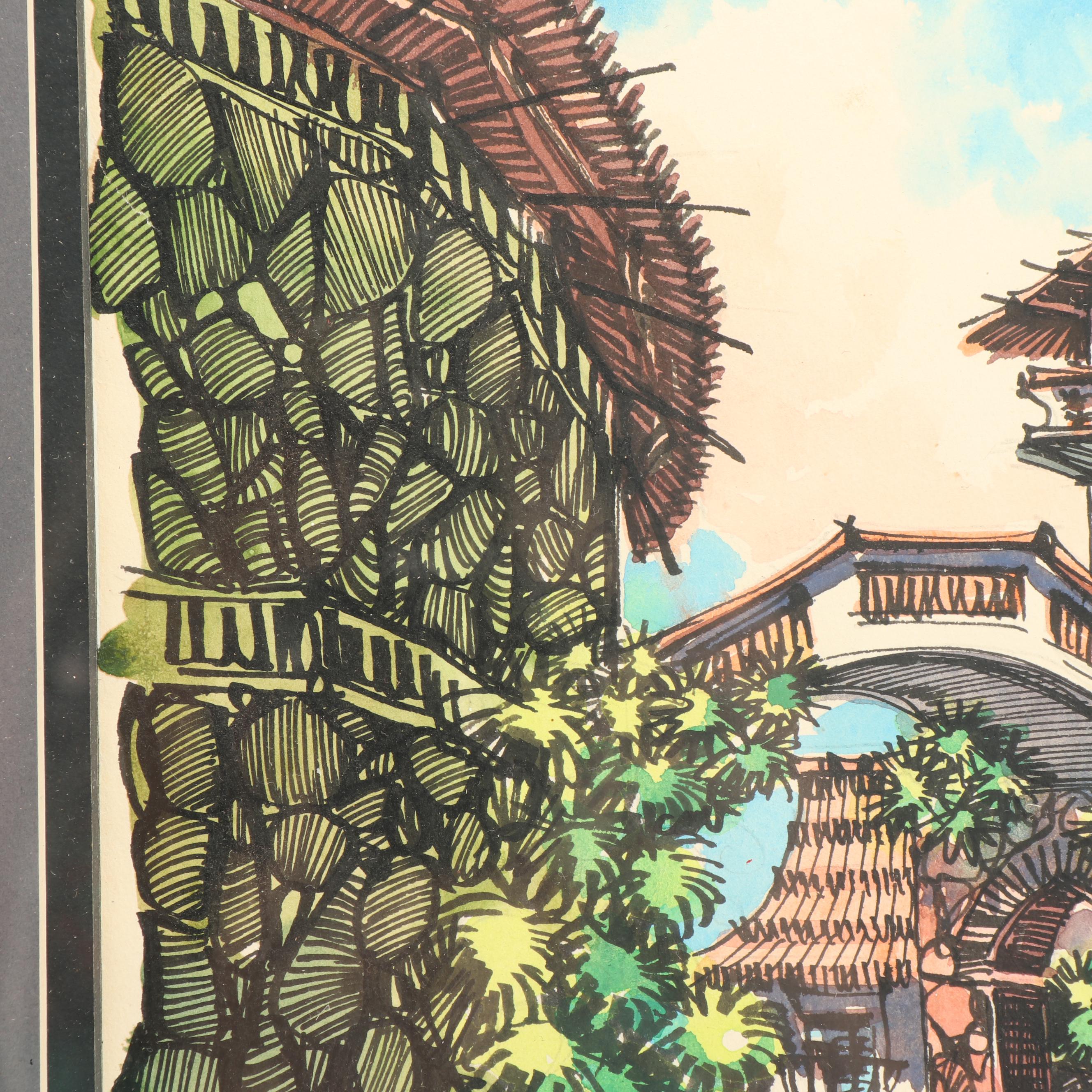 Mid-Century Watercolor and Ink Painting