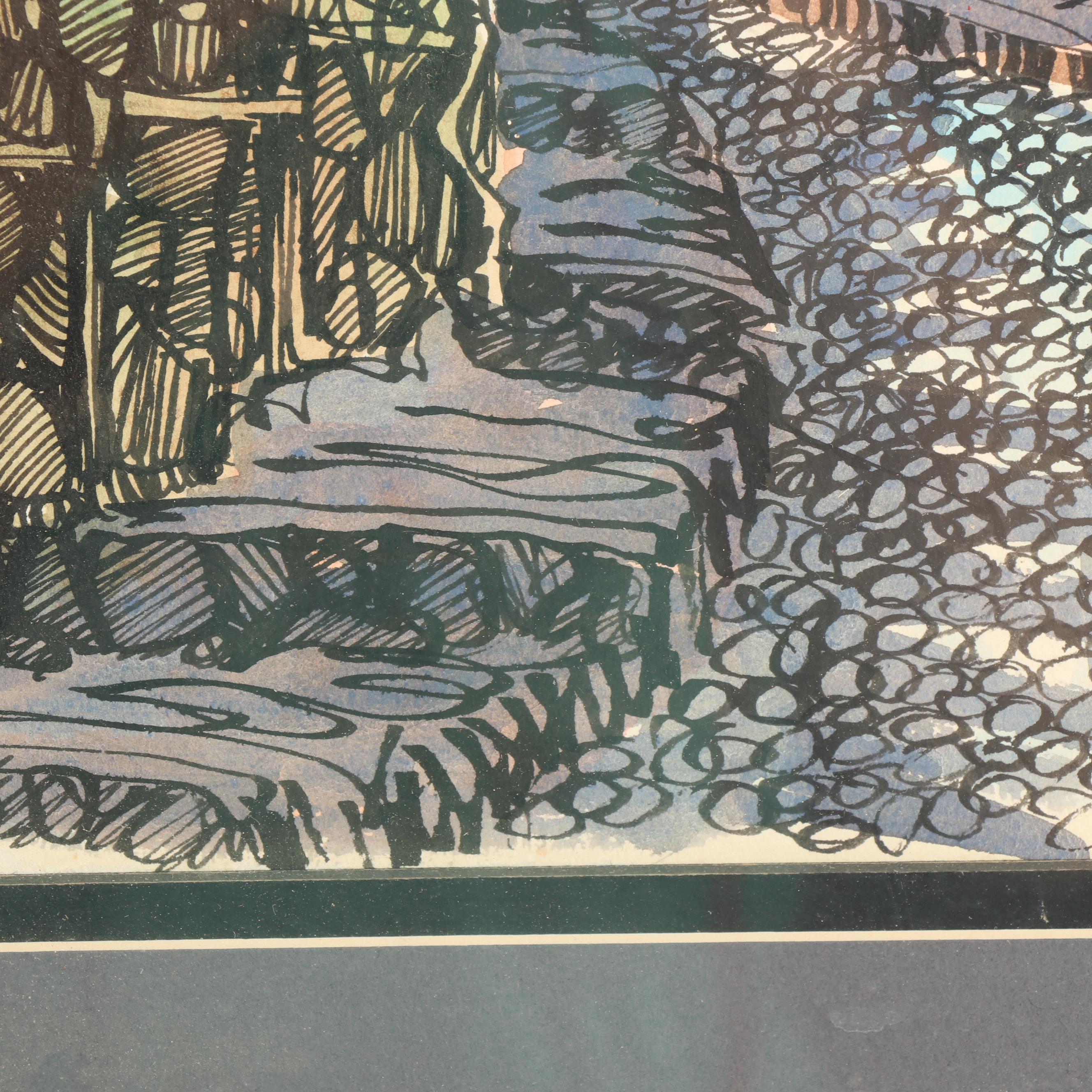 Mid-Century Watercolor and Ink Painting