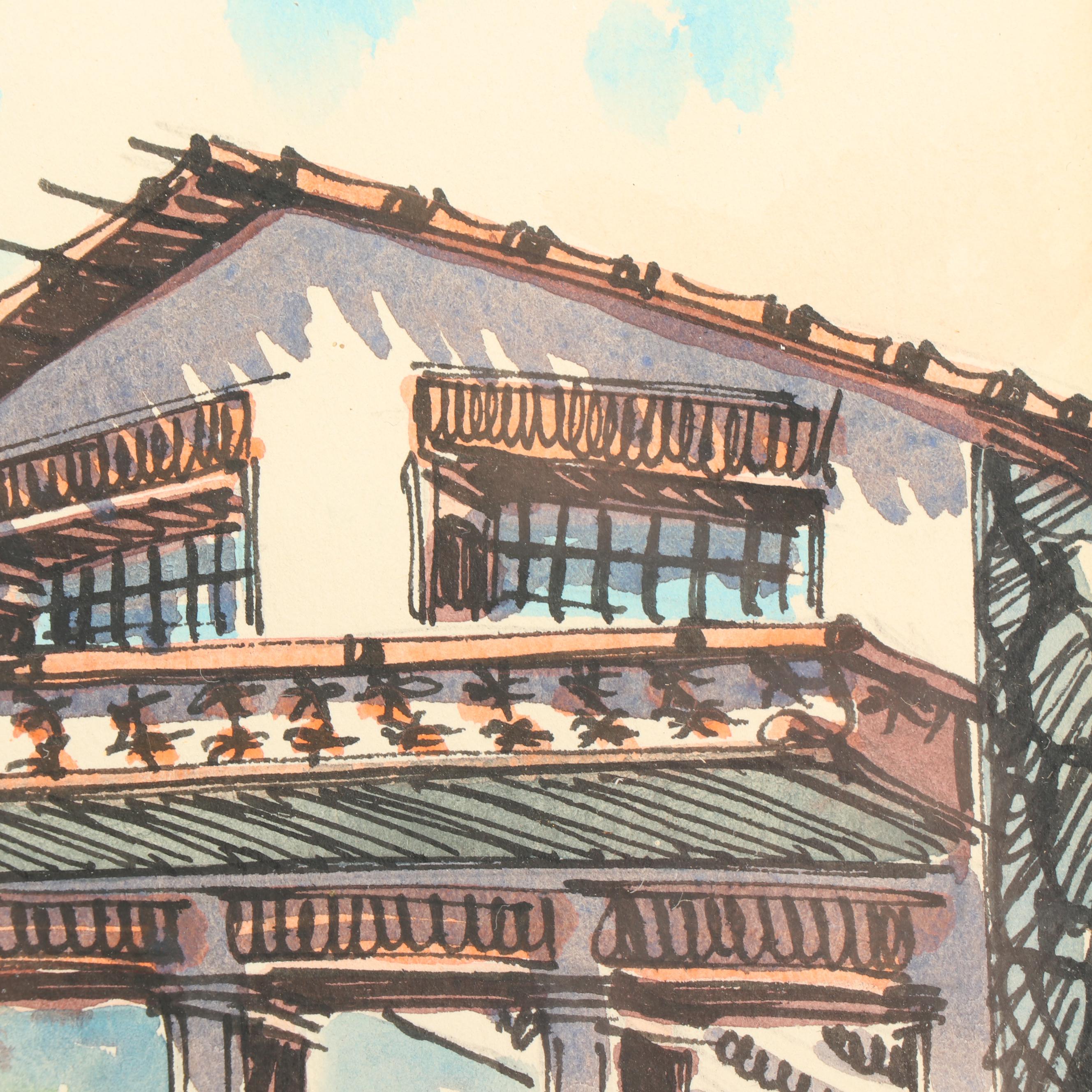 Mid-Century Watercolor and Ink Painting