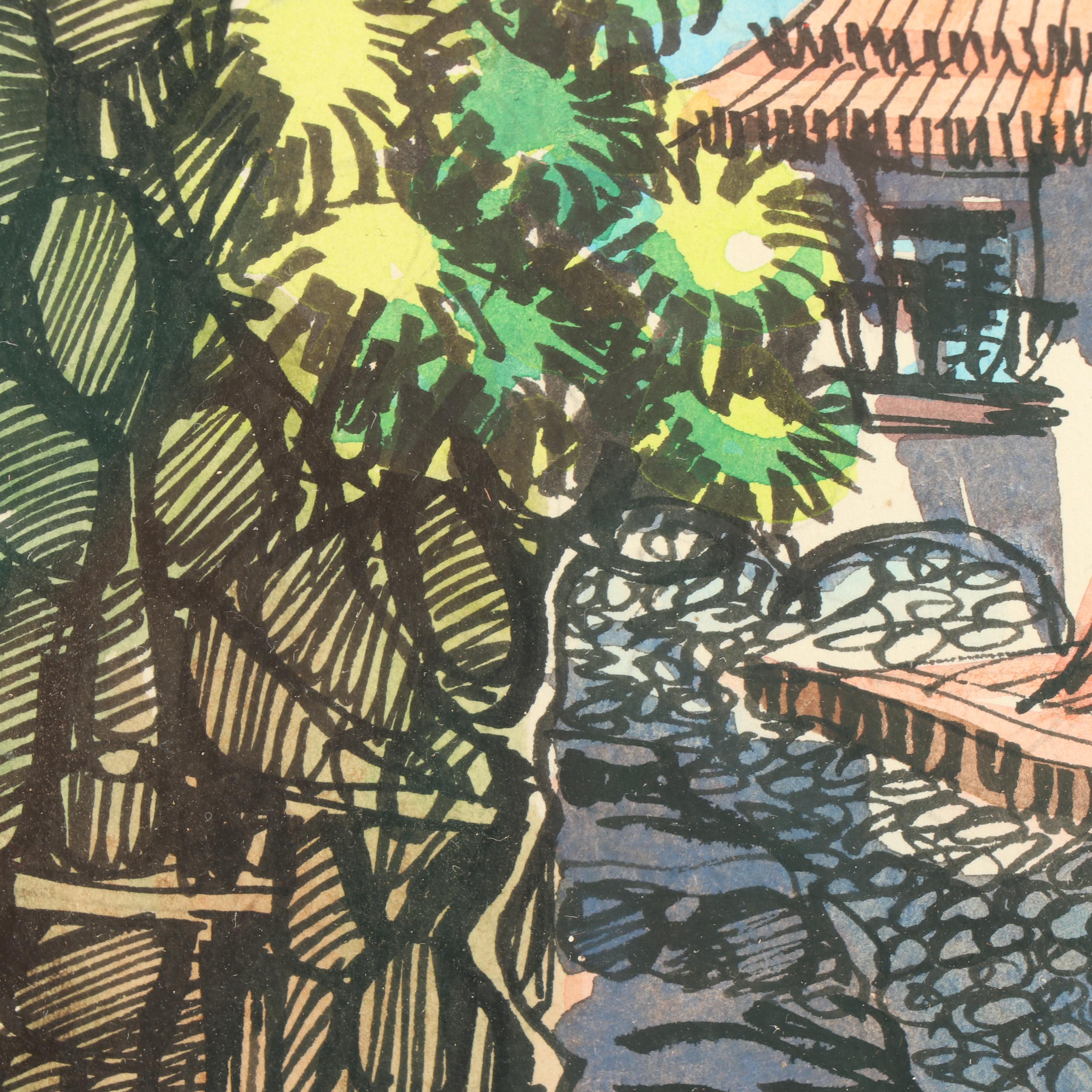 Mid-Century Watercolor and Ink Painting