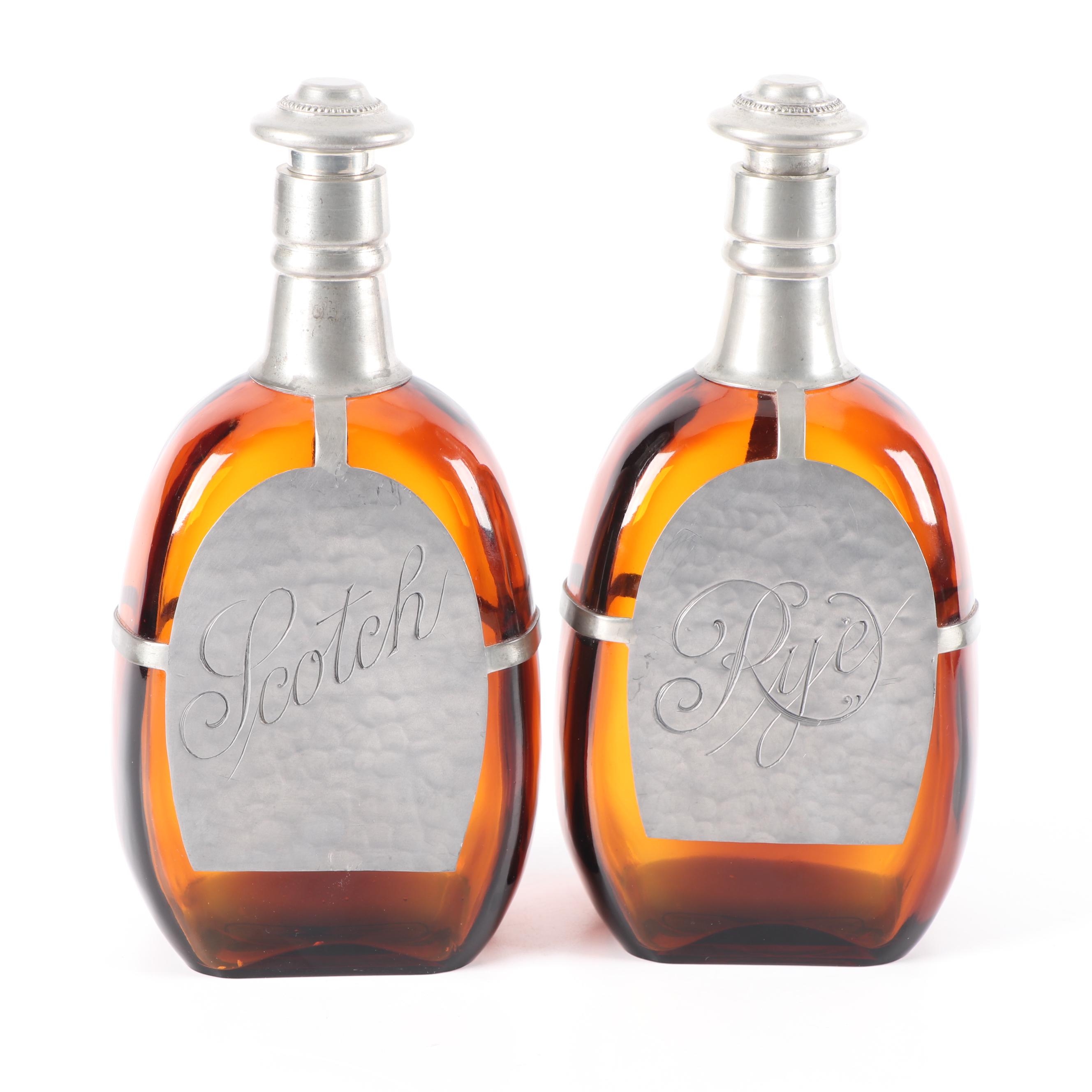 Queen's Art Pewter and Amber Glass Decanters
