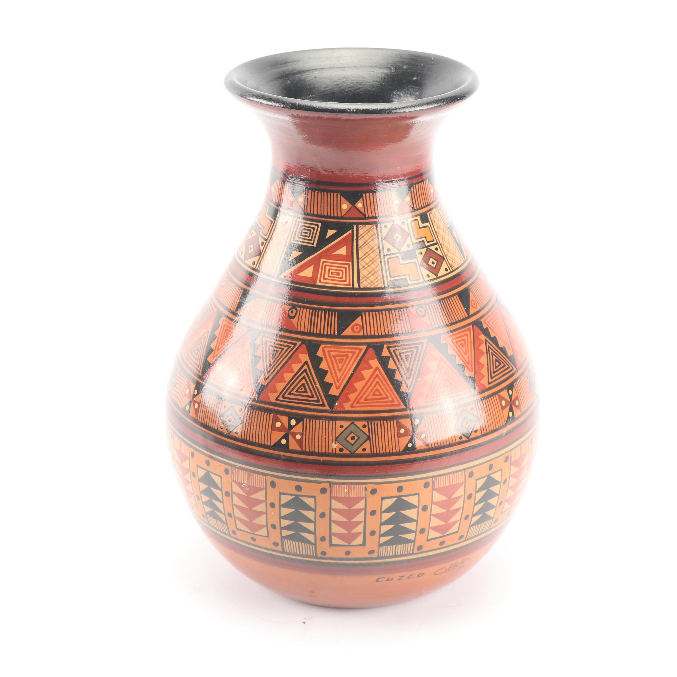 Signed Peruvian Hand-Painted Terracotta Vase
