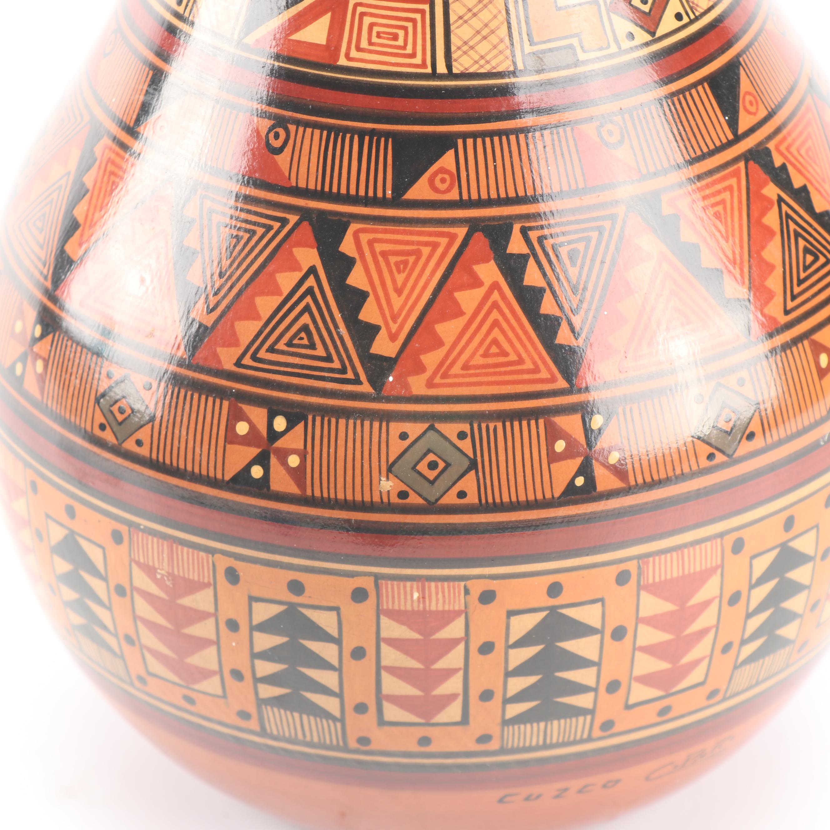 Signed Peruvian Hand-Painted Terracotta Vase