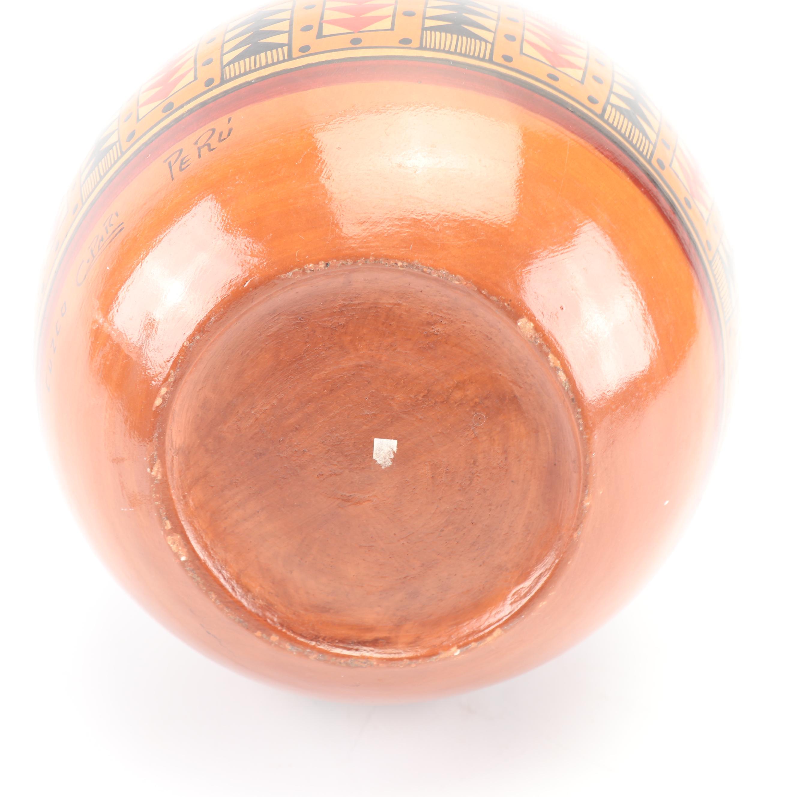 Signed Peruvian Hand-Painted Terracotta Vase