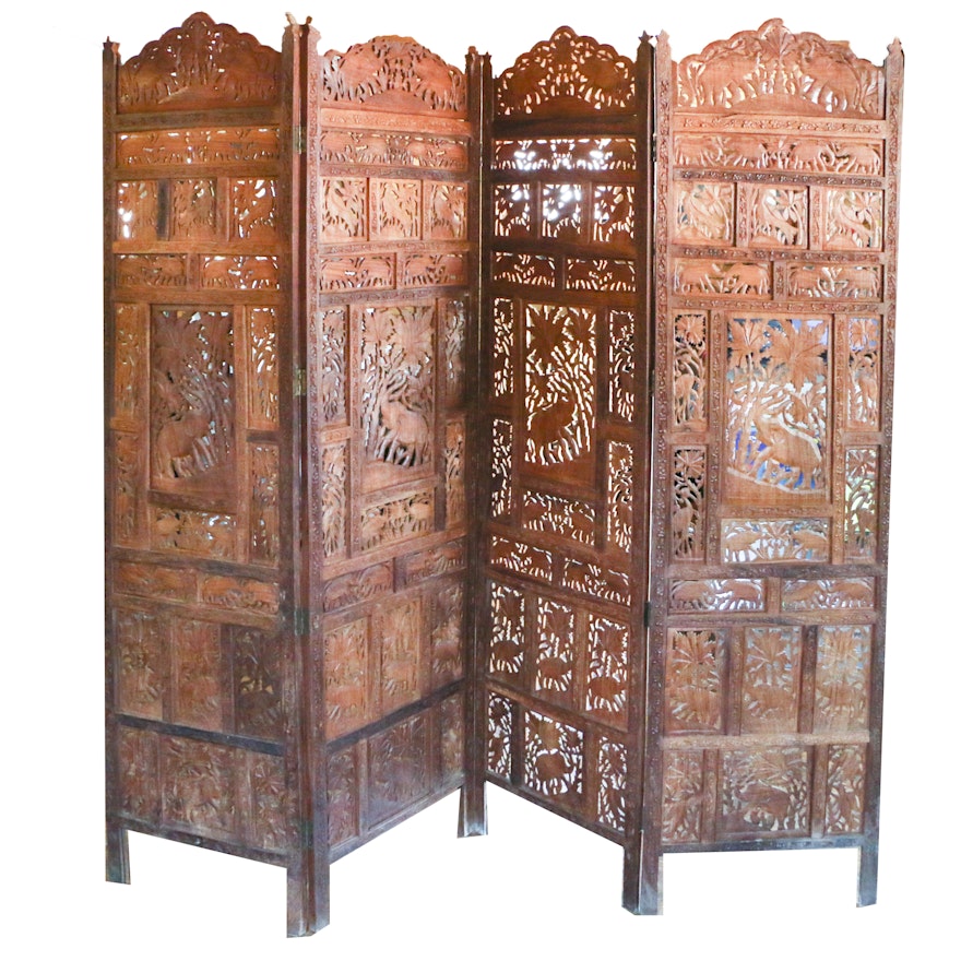 Indian Carved Four Panel Elephant Motif Room Screen