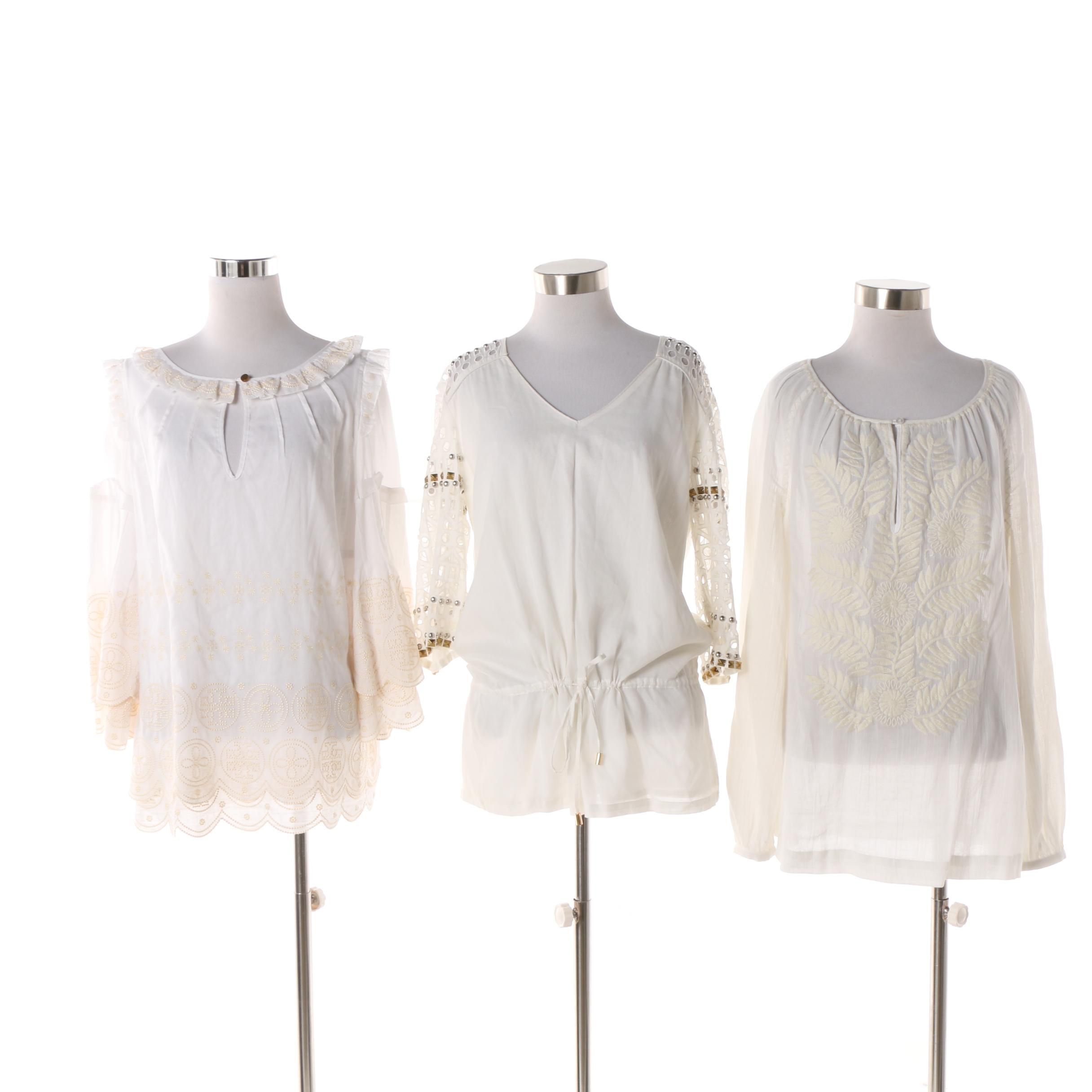 Tory Burch Embroidered and Embellished Cotton Tunic Style Tops