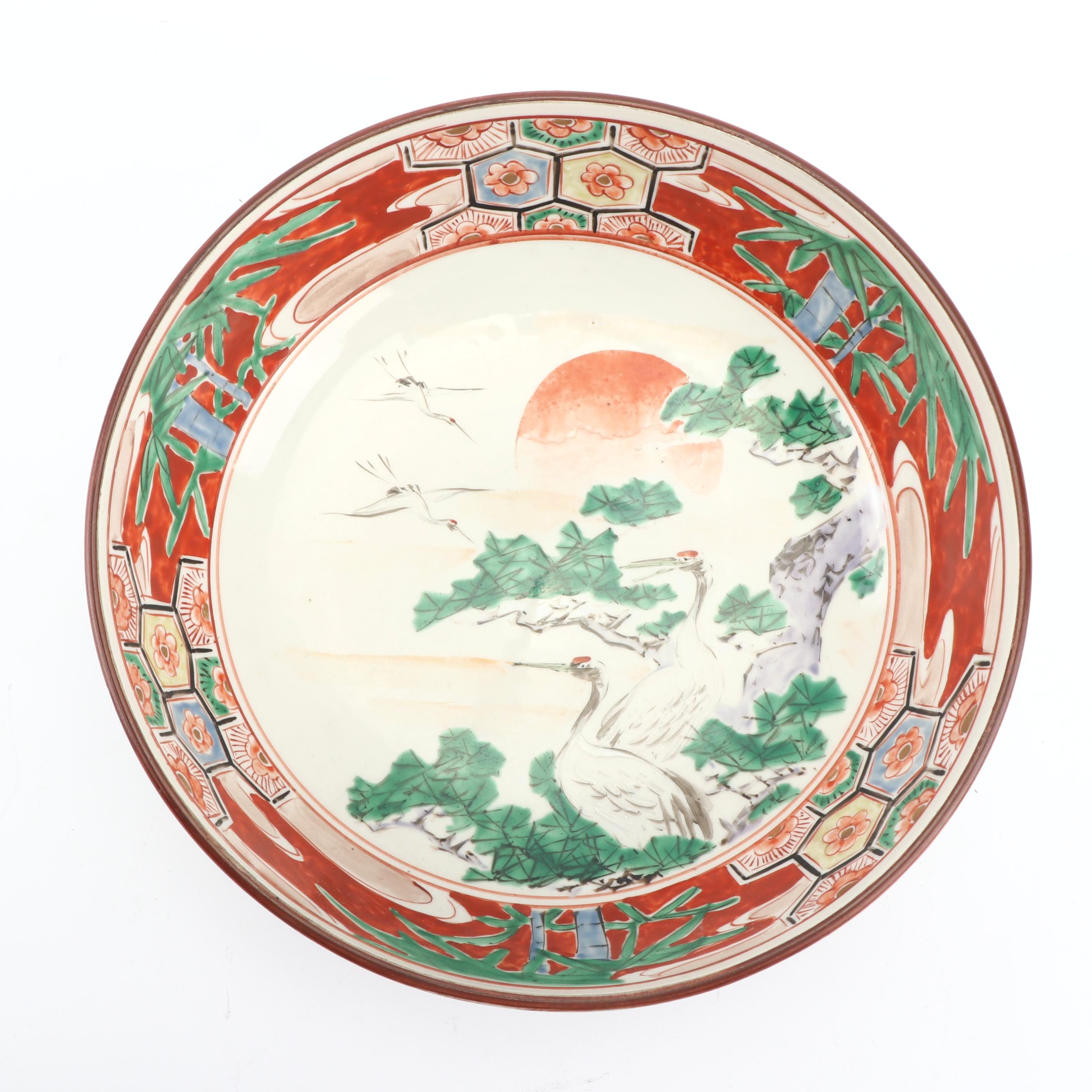 Japanese Kutani Style Porcelain Bowl with Crane Motif