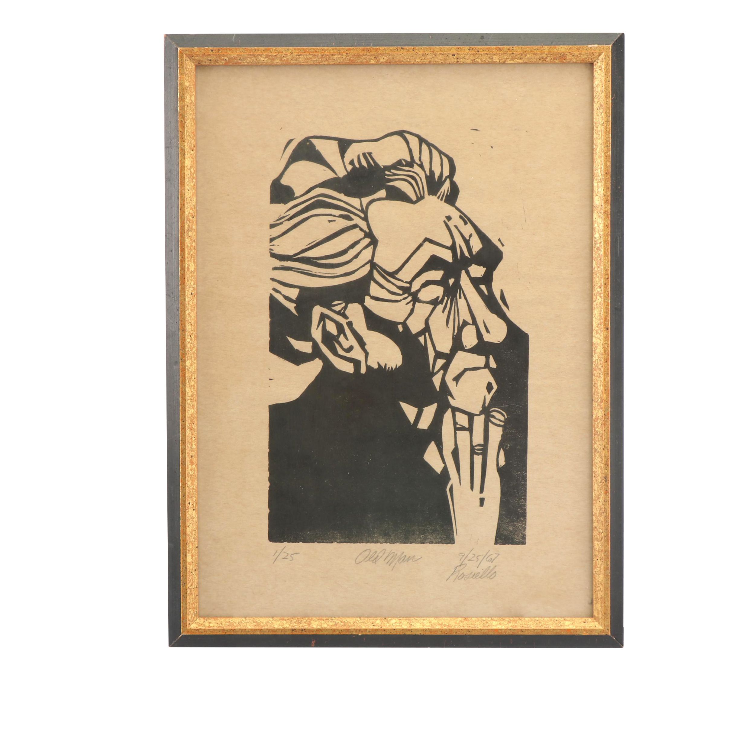 Rosiello 1967 Woodcut "Old Man"
