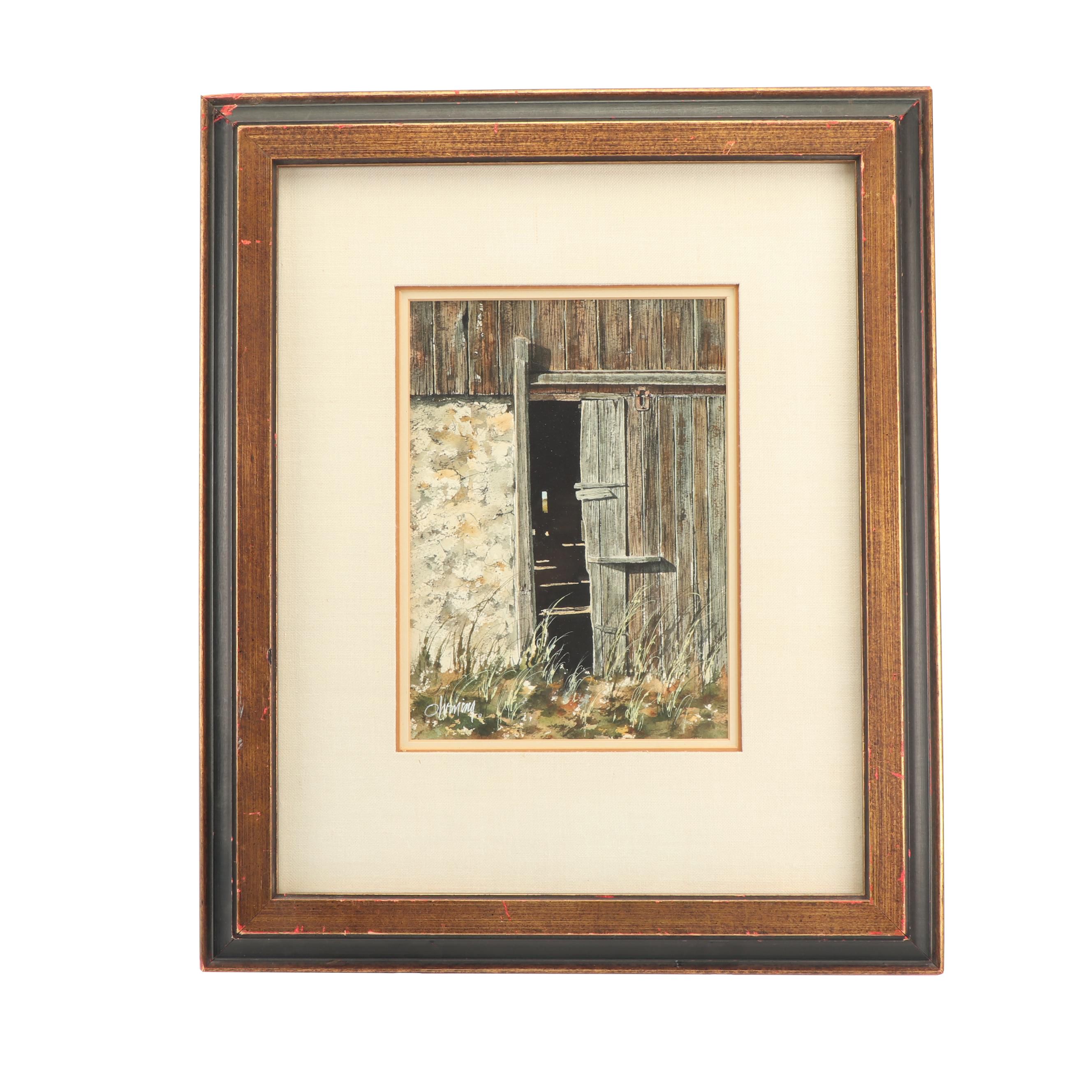 1967 Watercolor and Gouache Painting of Barn Door