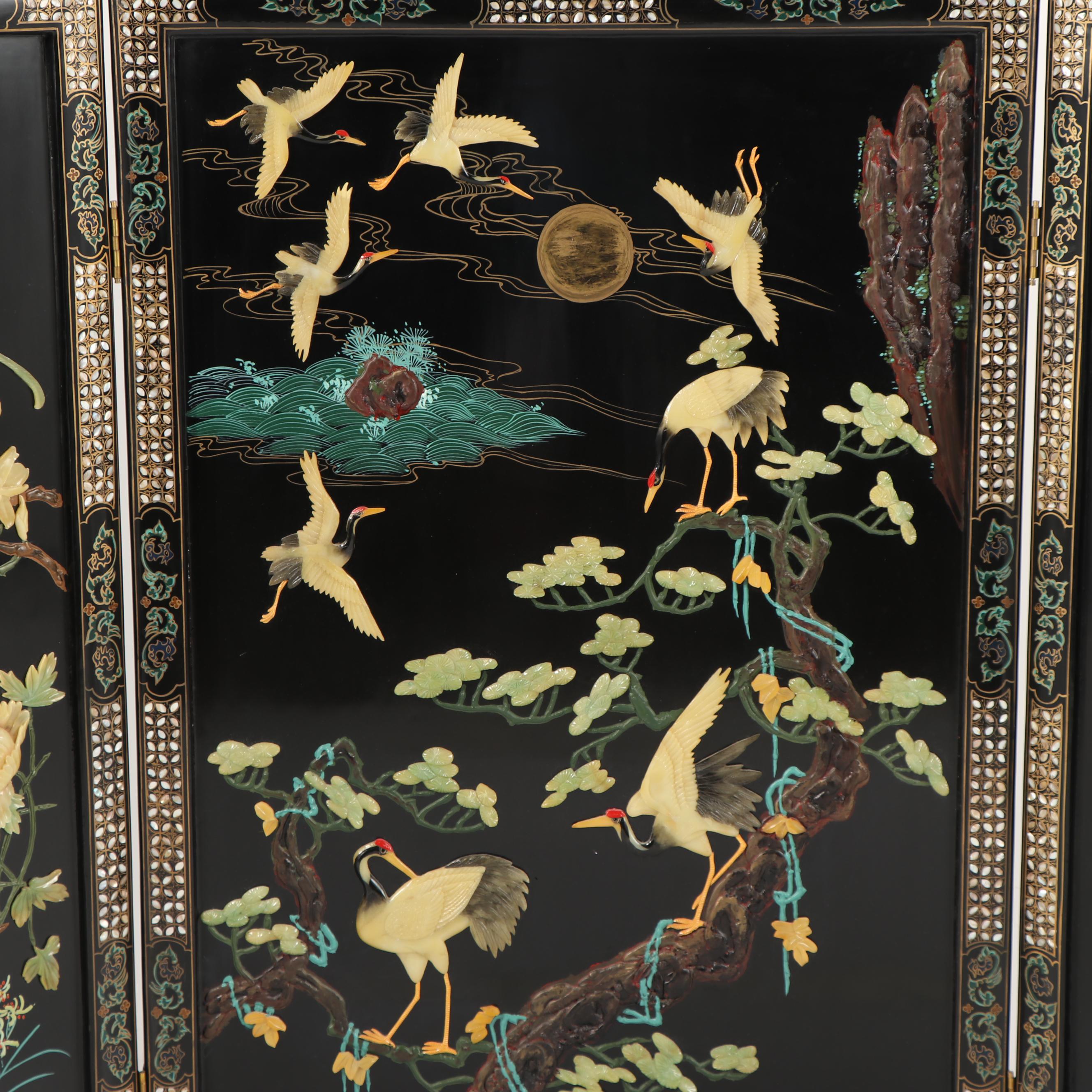 Chinese Carved Stone and Lacquered Crane Motif Screen