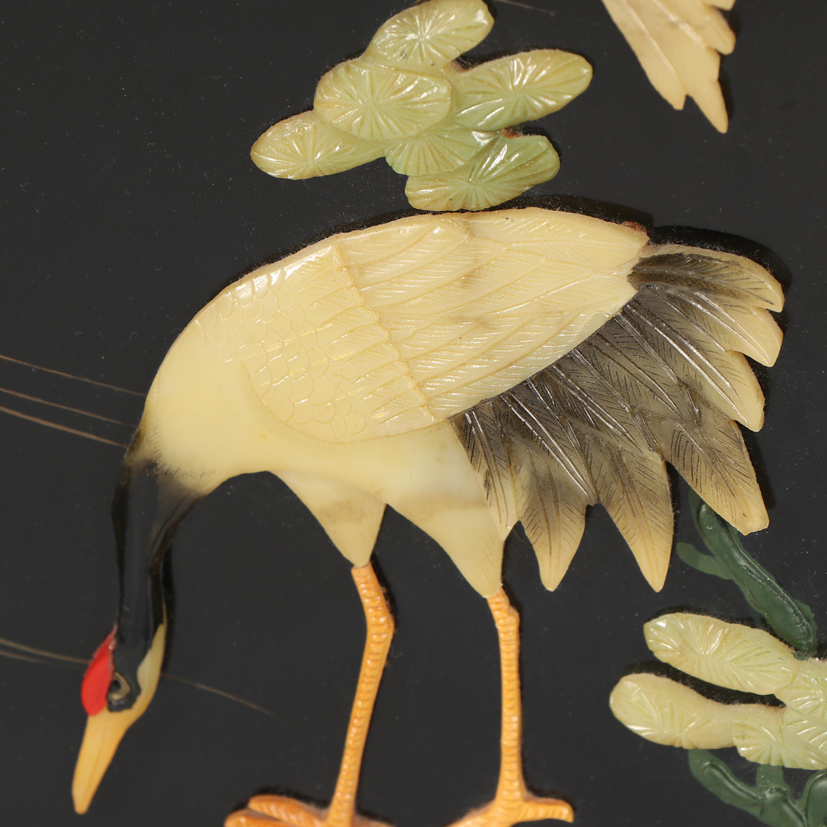 Chinese Carved Stone and Lacquered Crane Motif Screen