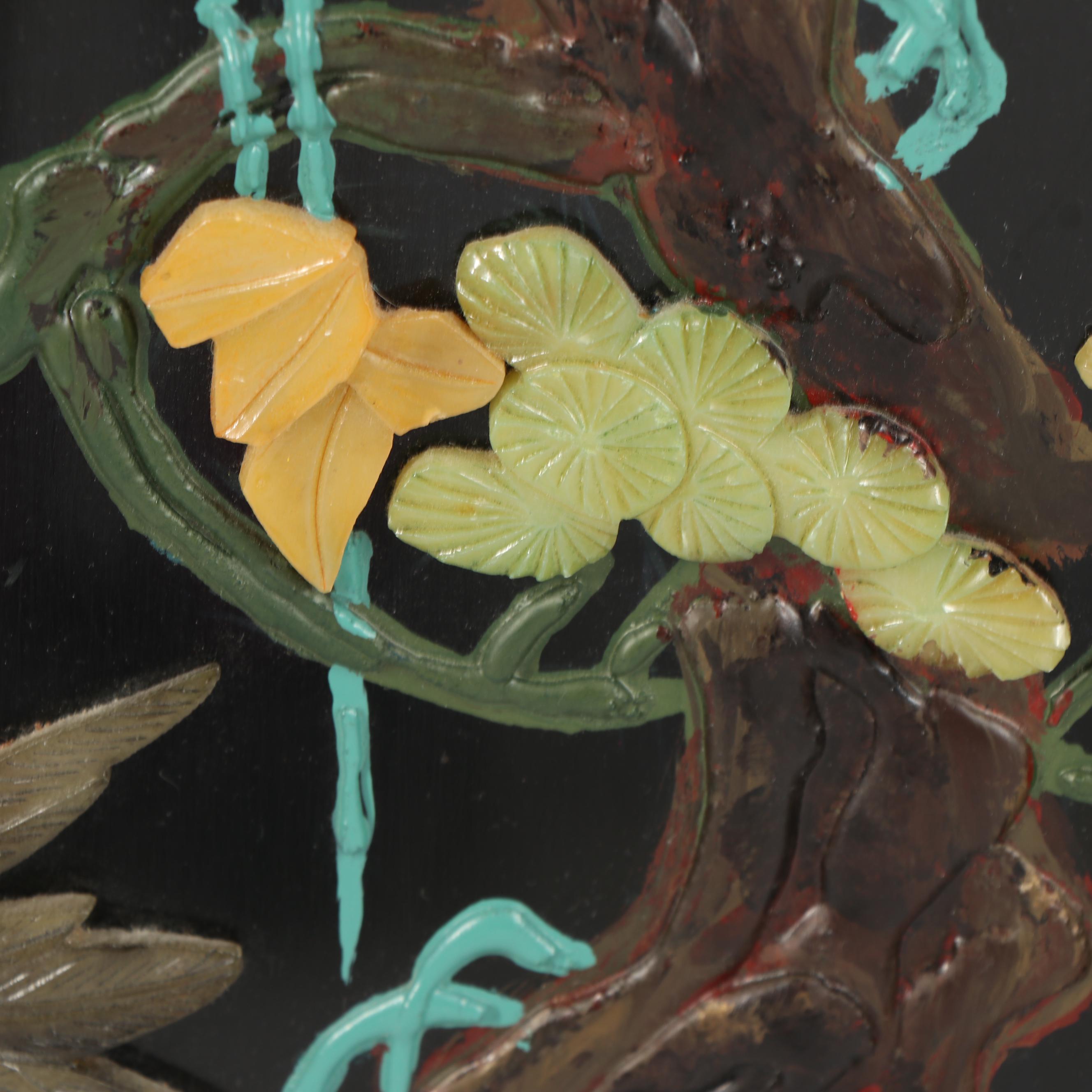 Chinese Carved Stone and Lacquered Crane Motif Screen