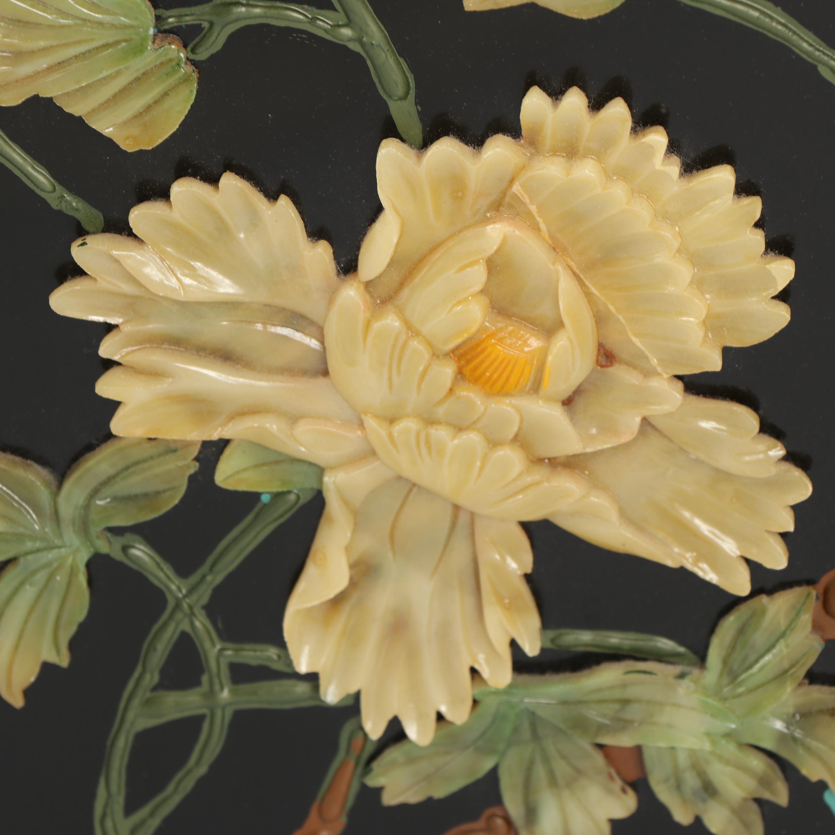 Chinese Carved Stone and Lacquered Crane Motif Screen