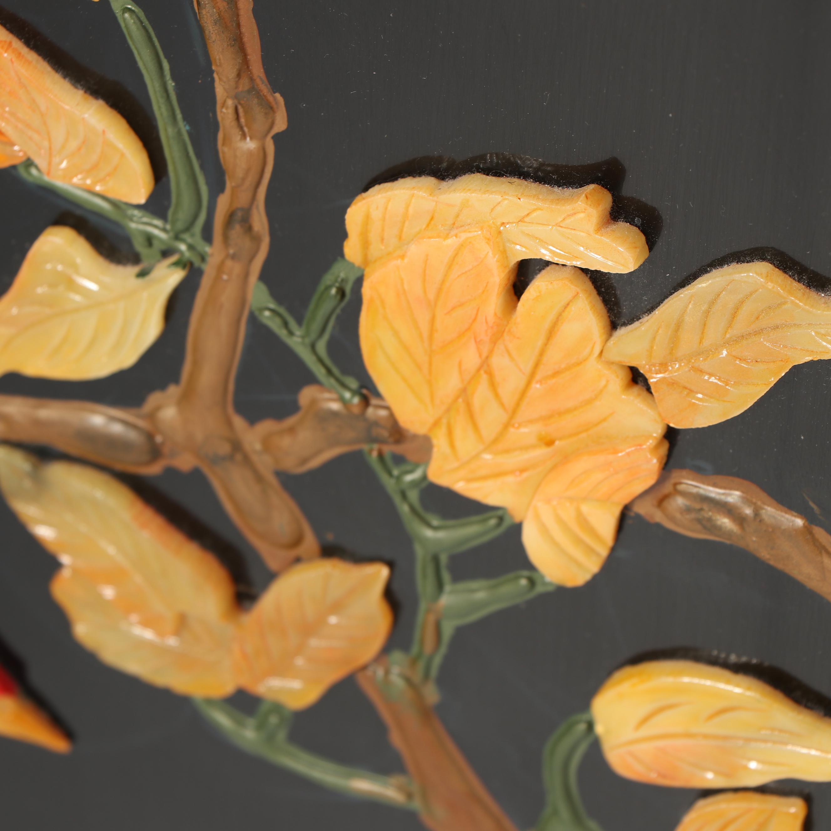 Chinese Carved Stone and Lacquered Crane Motif Screen