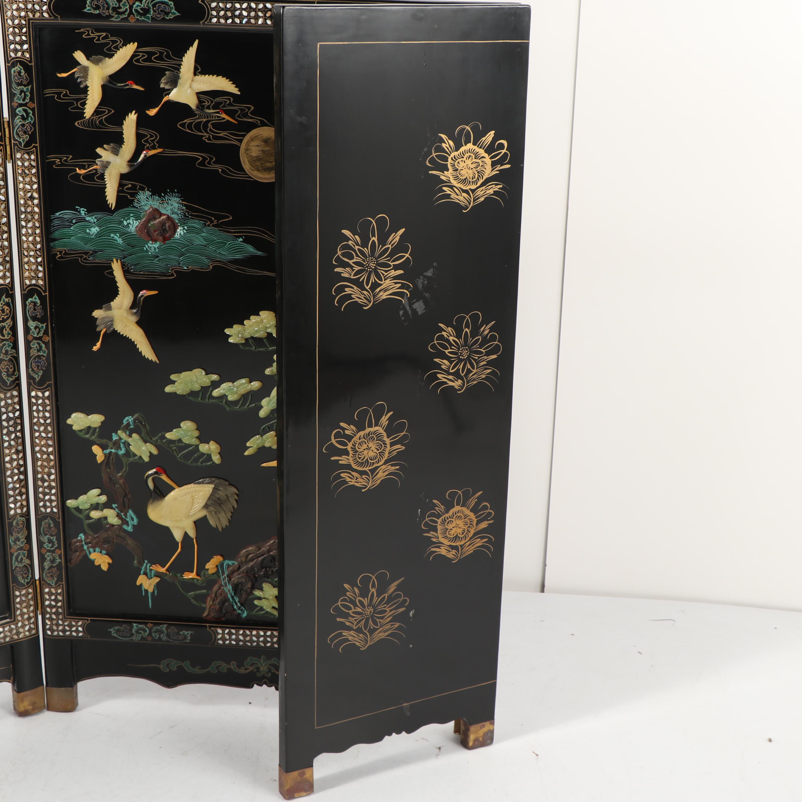 Chinese Carved Stone and Lacquered Crane Motif Screen