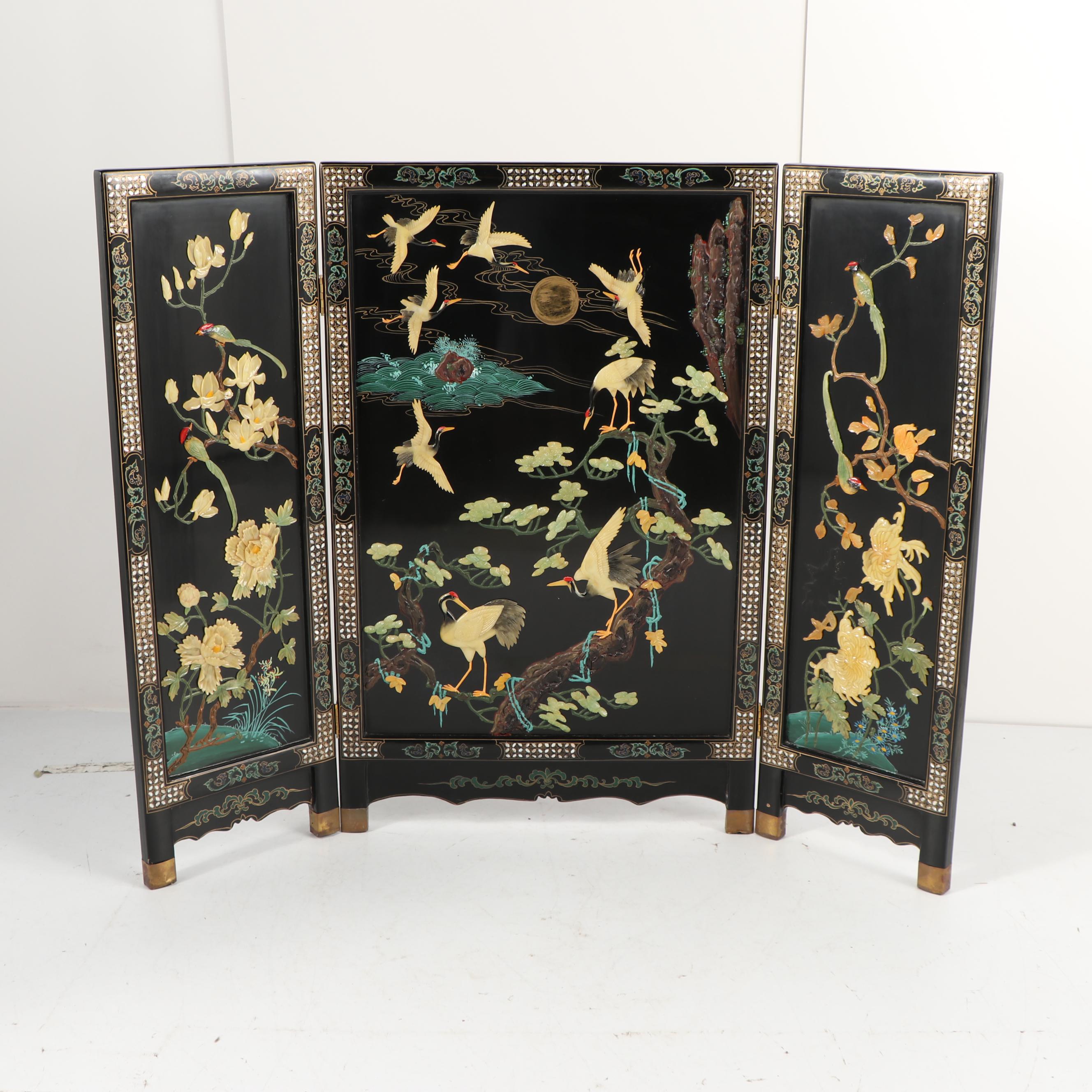 Chinese Carved Stone and Lacquered Crane Motif Screen