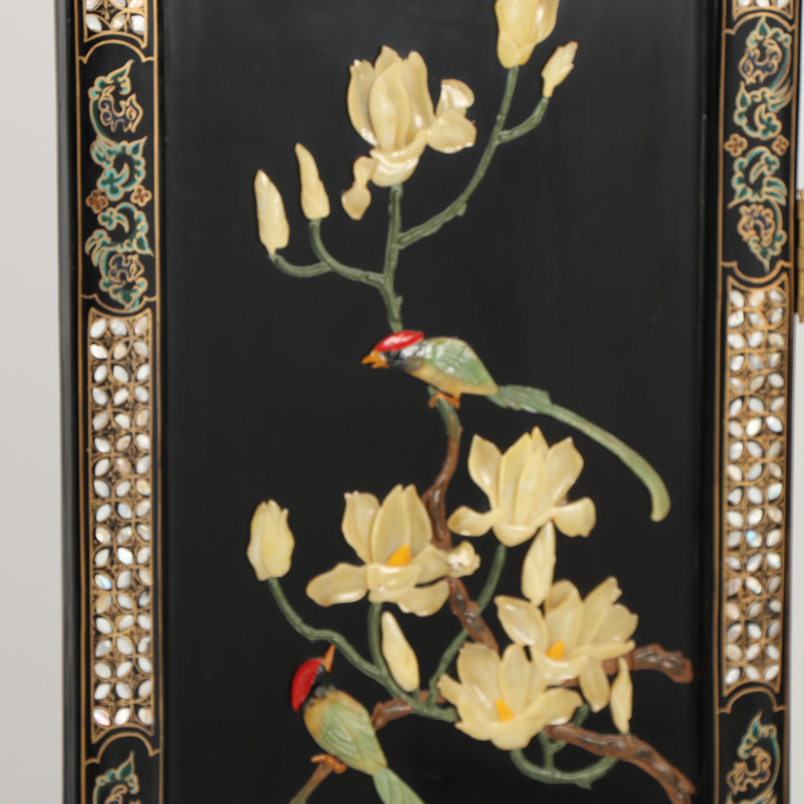 Chinese Carved Stone and Lacquered Crane Motif Screen