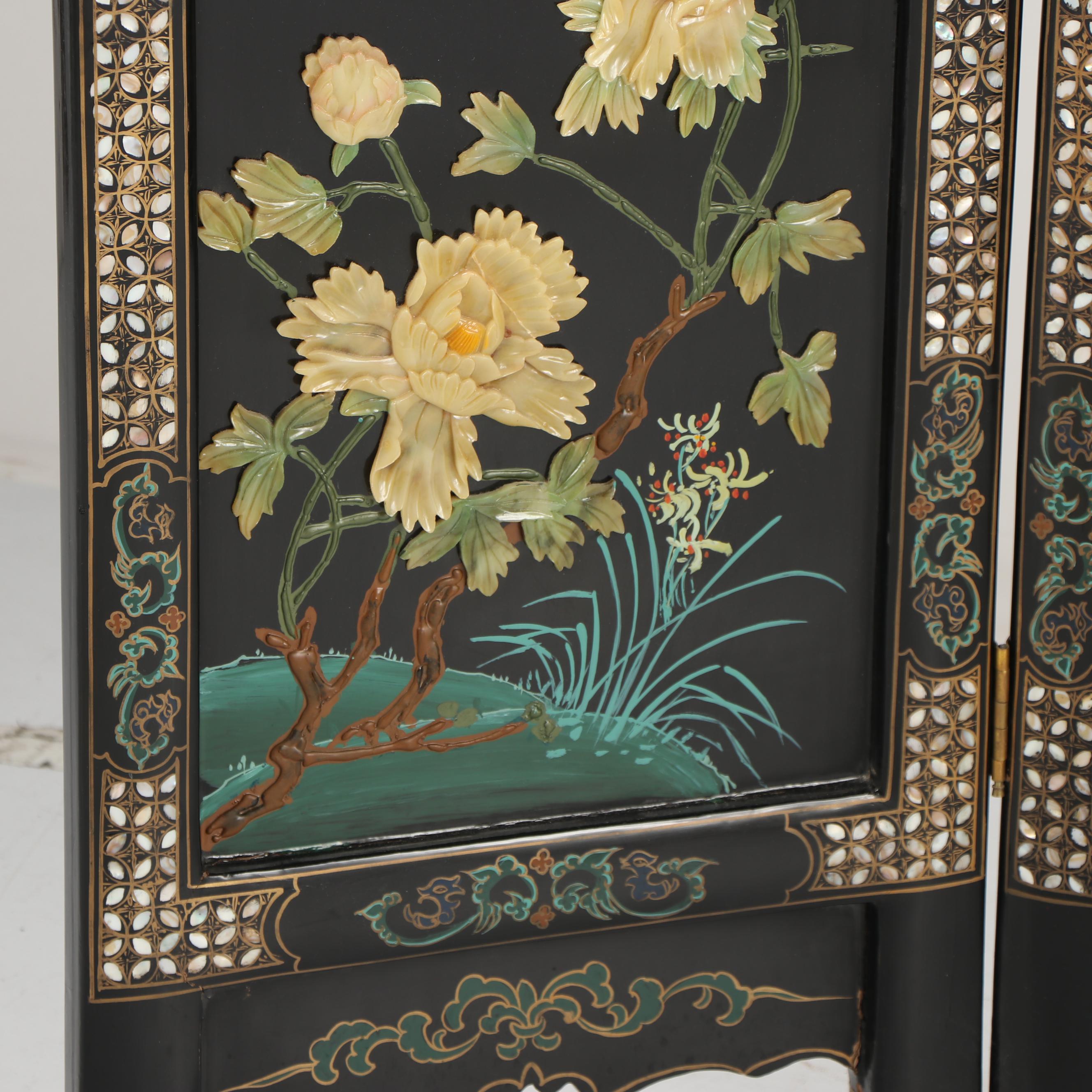 Chinese Carved Stone and Lacquered Crane Motif Screen