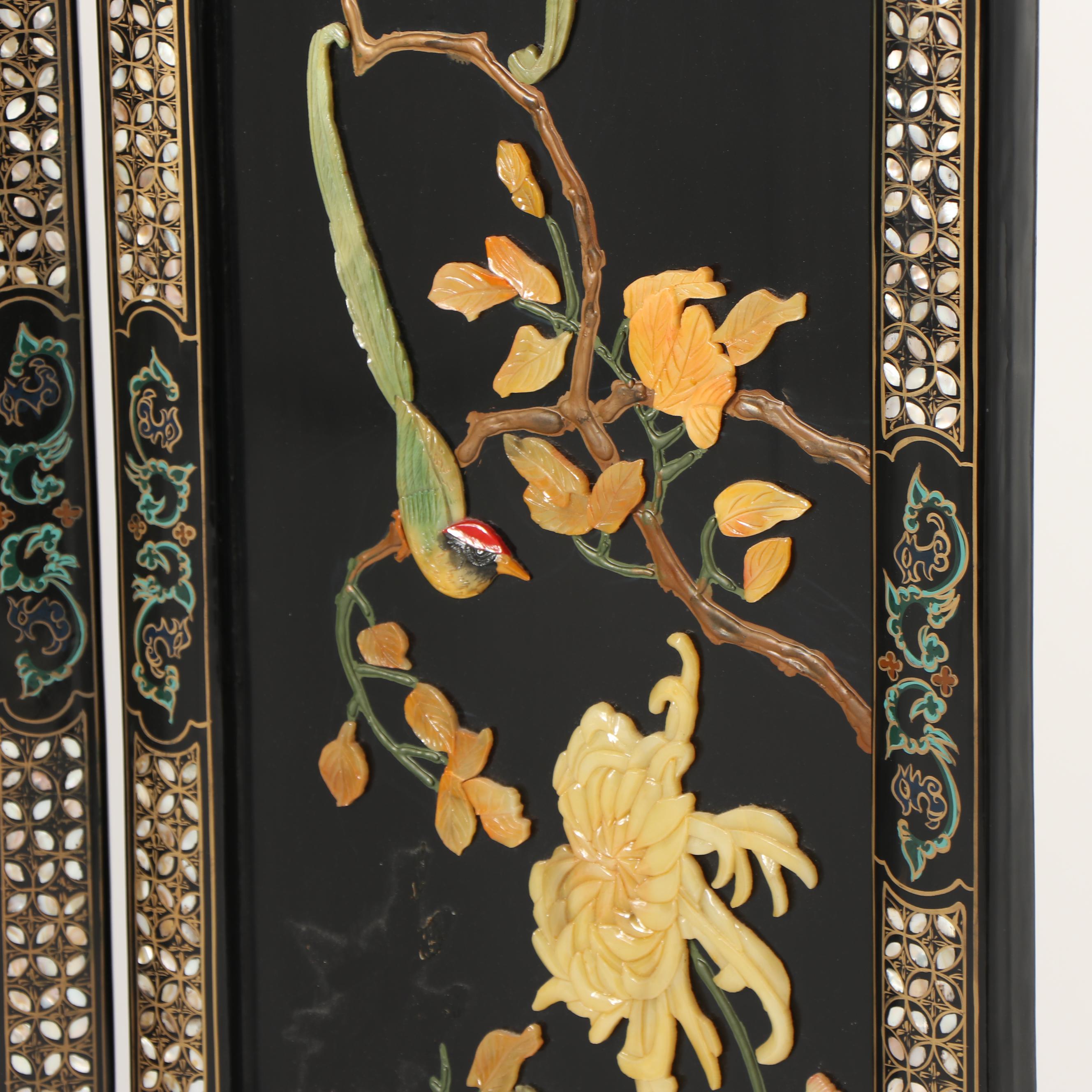 Chinese Carved Stone and Lacquered Crane Motif Screen