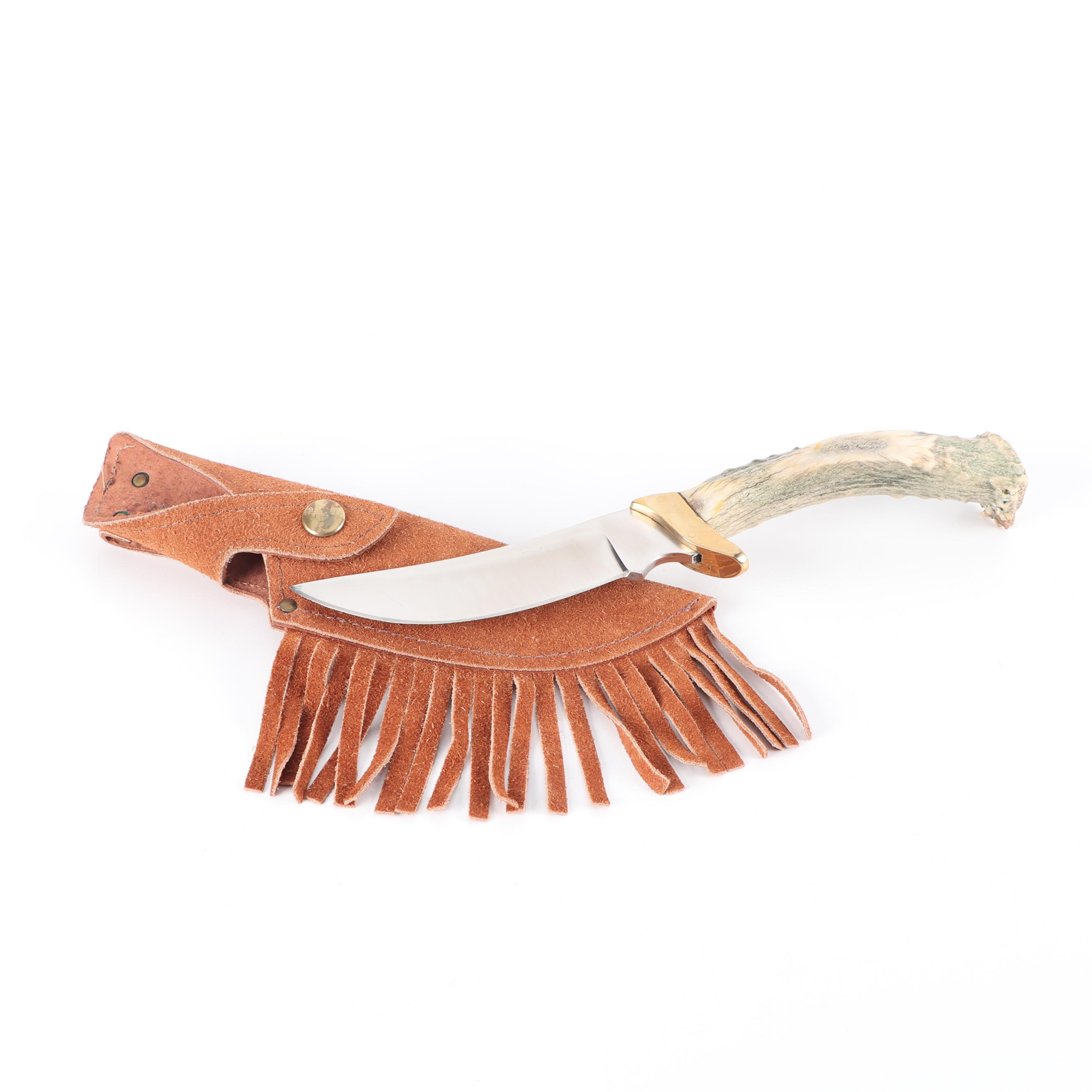 Antler Handled Hunting Knife with Fringed Suede Sheath