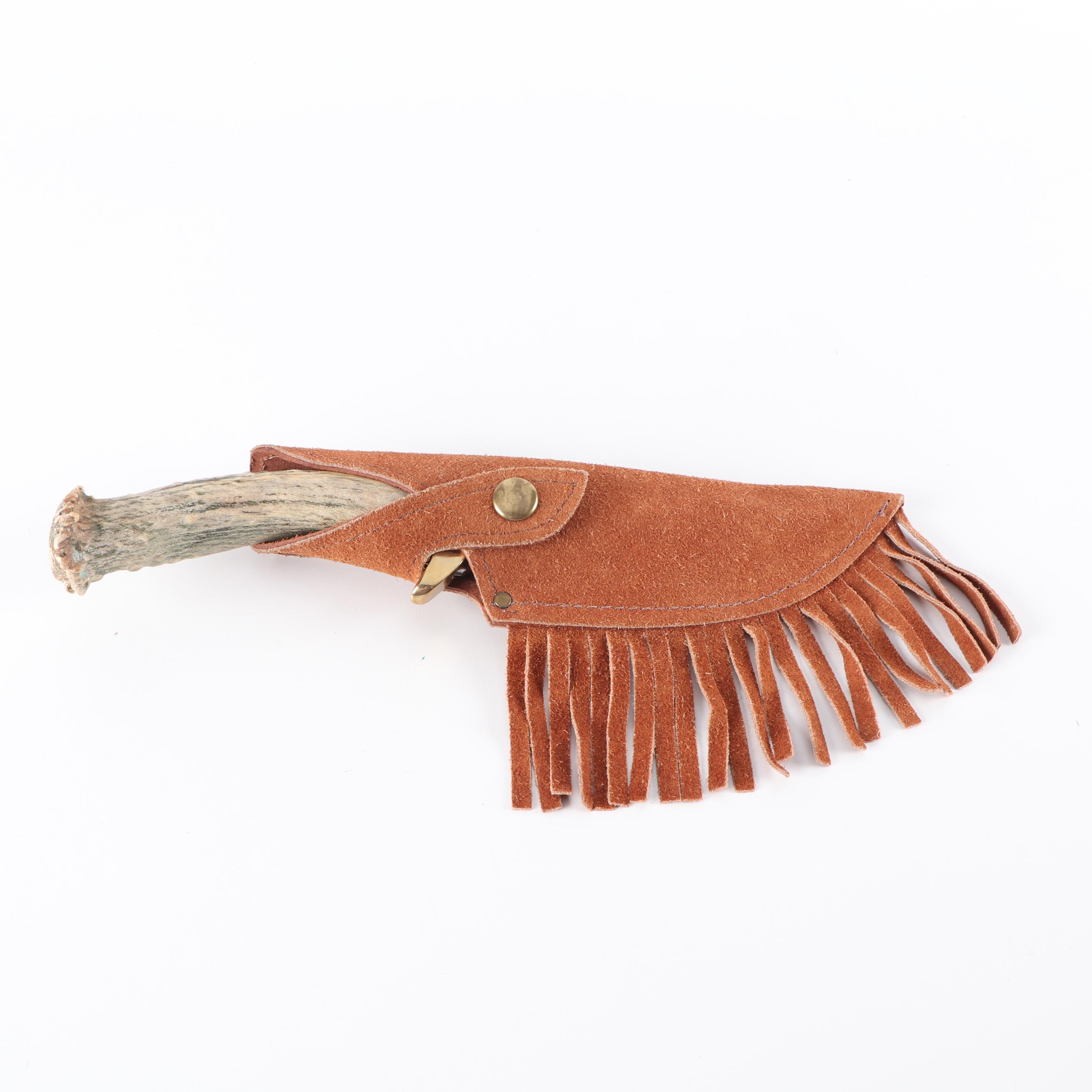 Antler Handled Hunting Knife with Fringed Suede Sheath