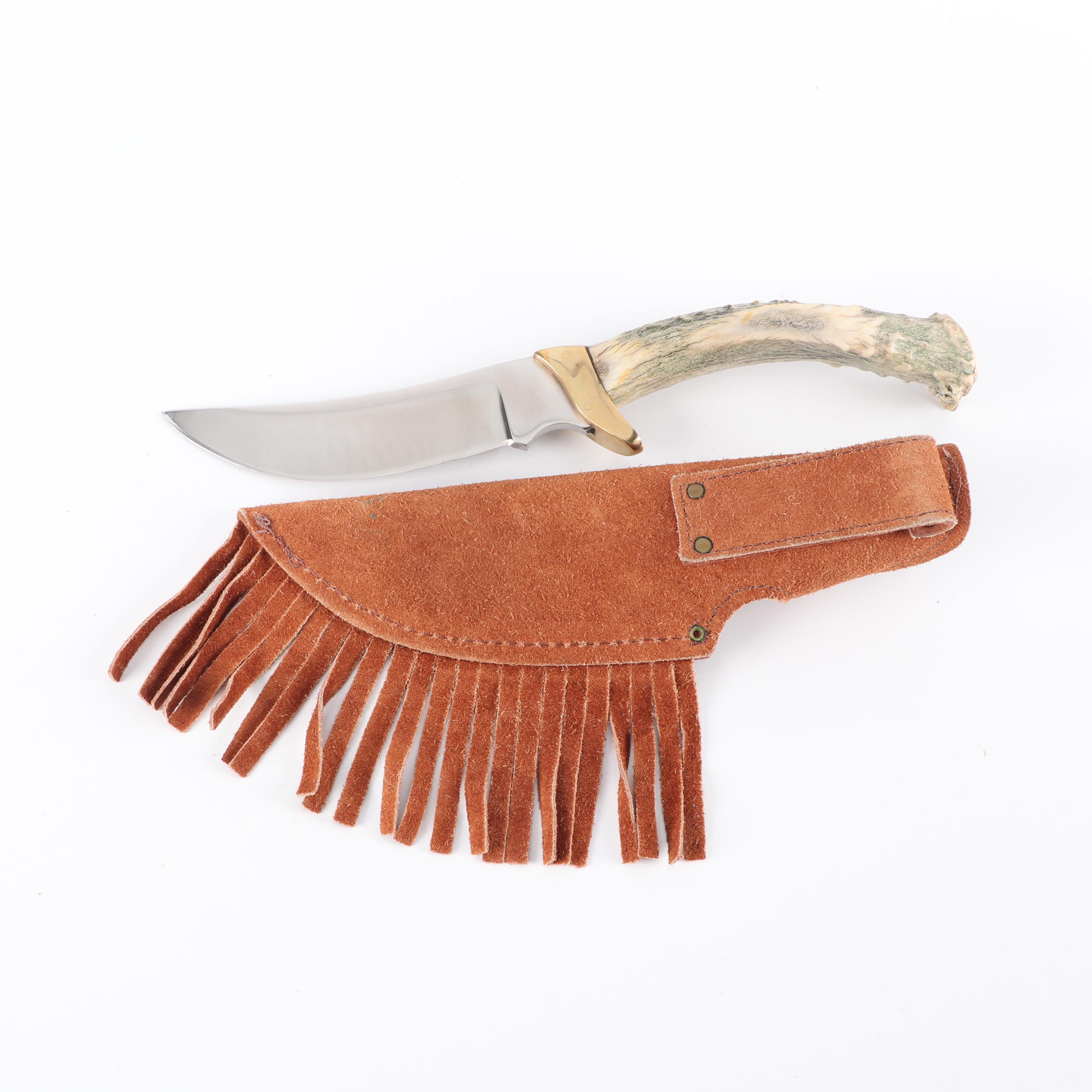 Antler Handled Hunting Knife with Fringed Suede Sheath