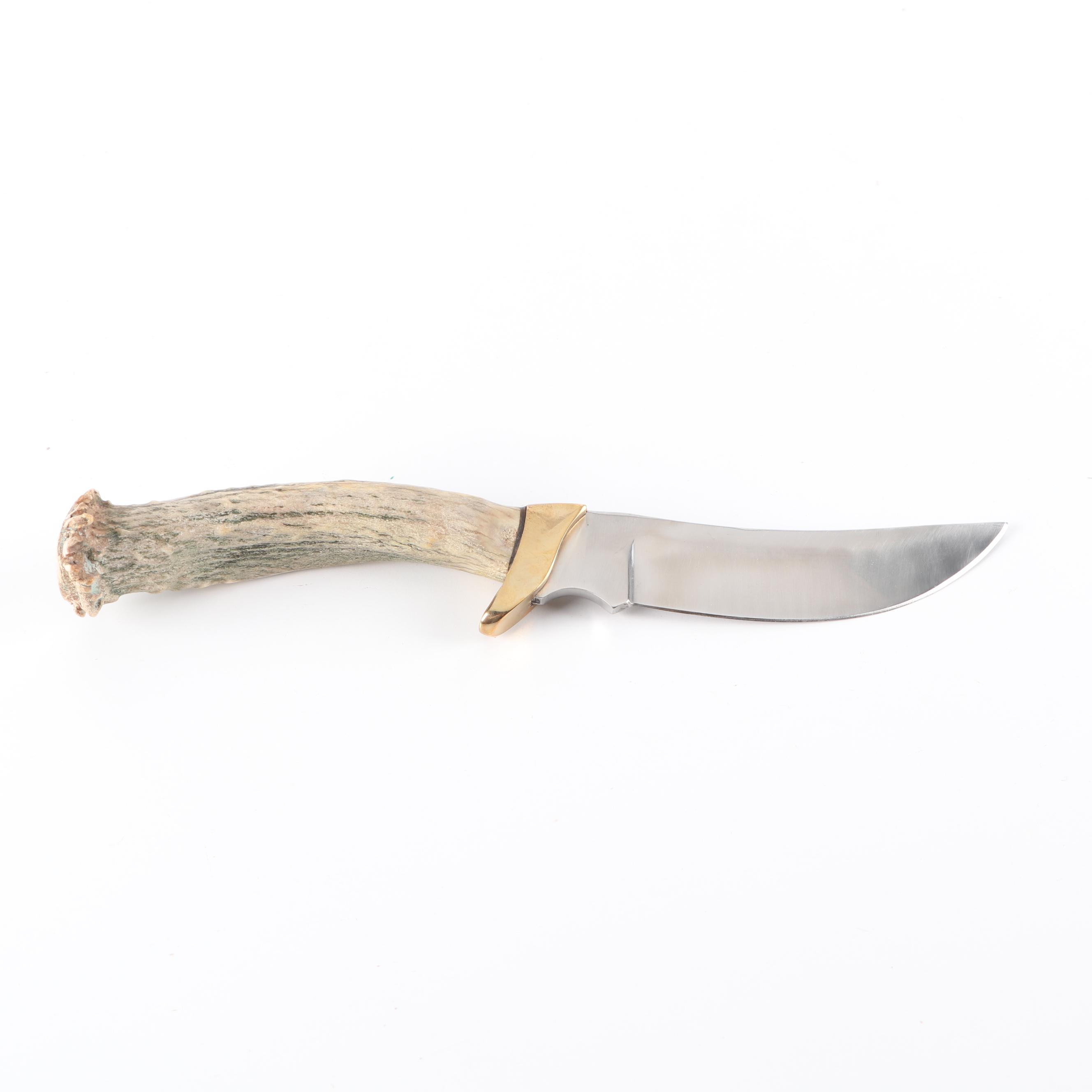 Antler Handled Hunting Knife with Fringed Suede Sheath