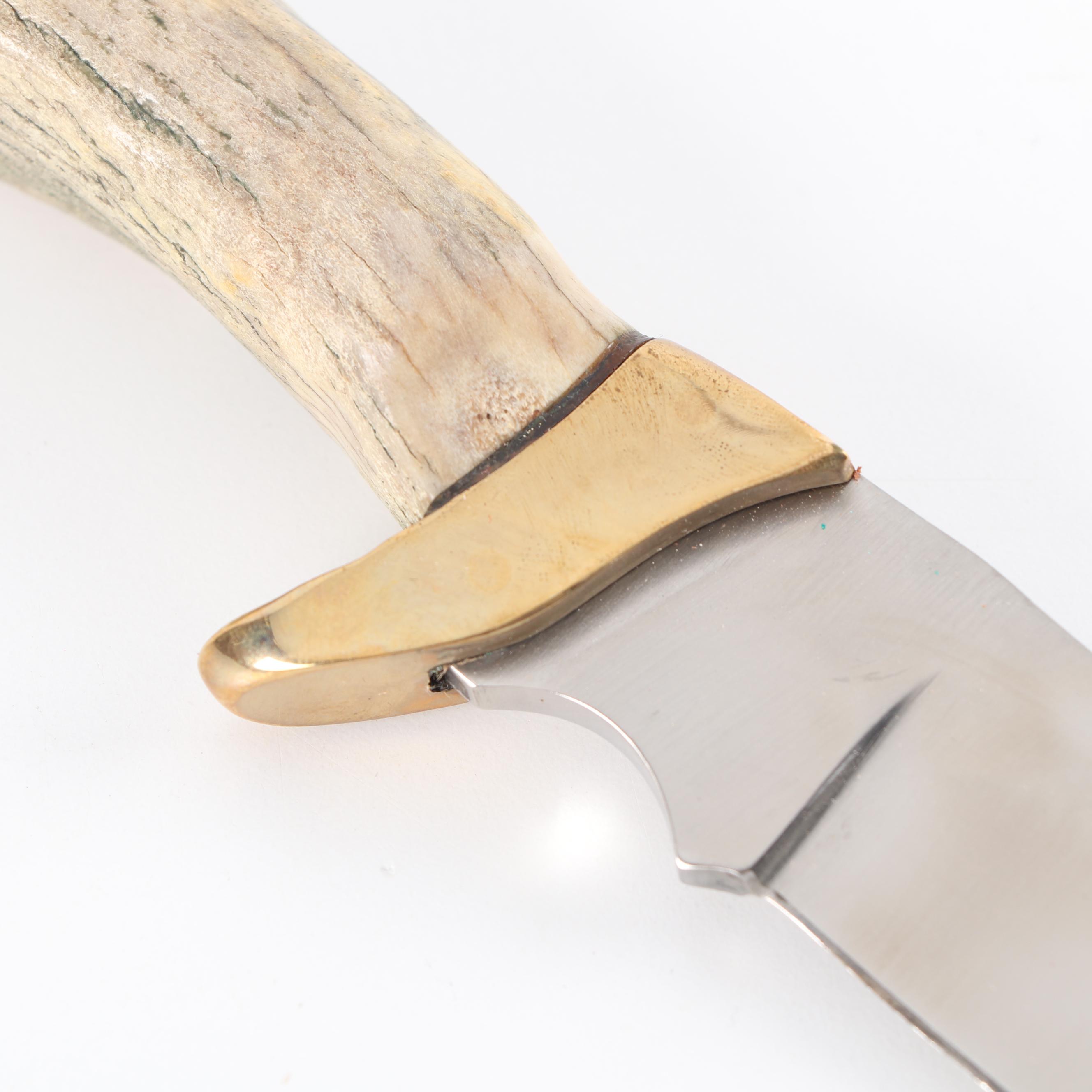 Antler Handled Hunting Knife with Fringed Suede Sheath